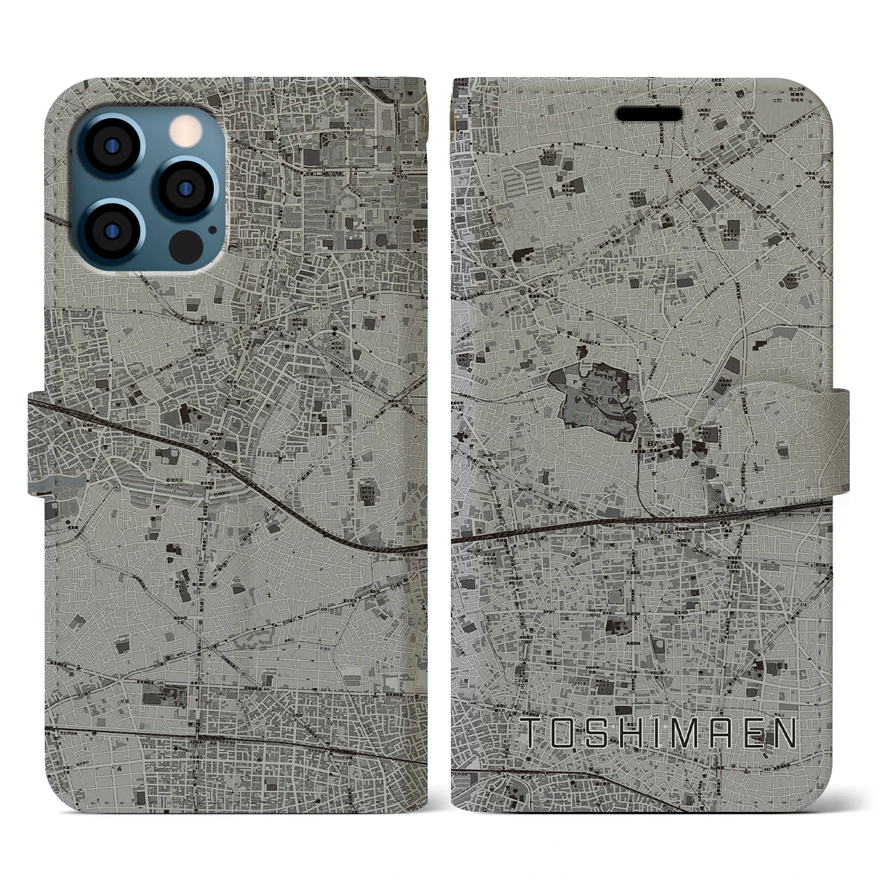 【豊島園(東京都)】地図柄iPhoneケース(手帳タイプ)モノトーン・iPhone 12 / 12 Pro 用