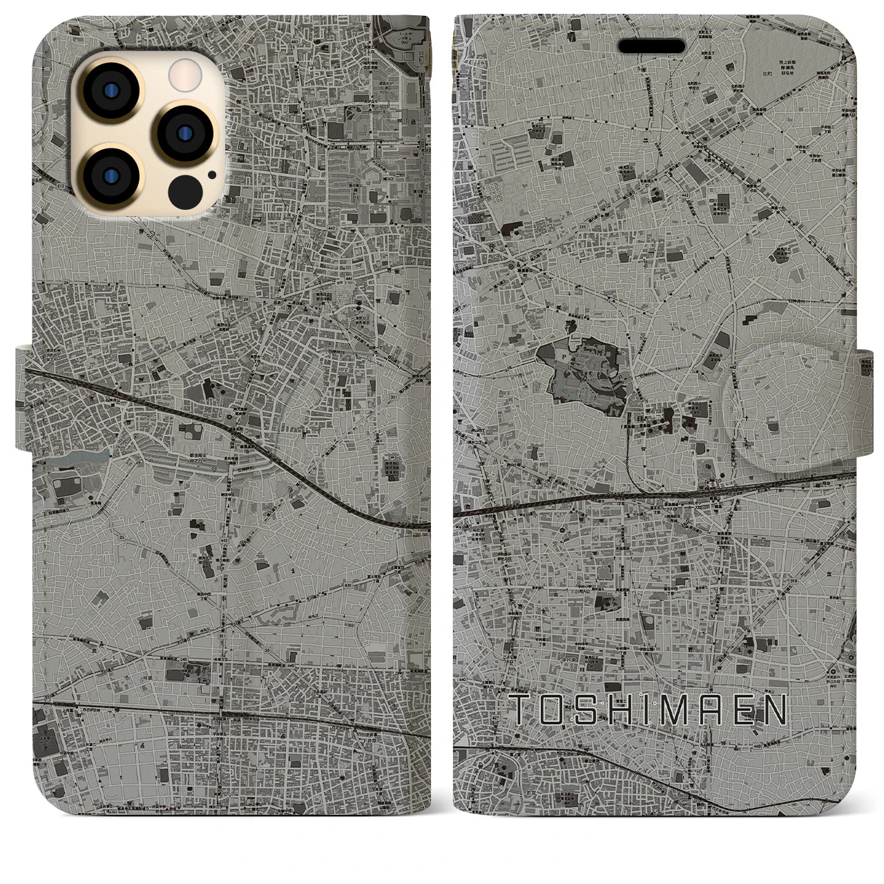 【豊島園(東京都)】地図柄iPhoneケース(手帳タイプ)モノトーン・iPhone 12 Pro Max 用