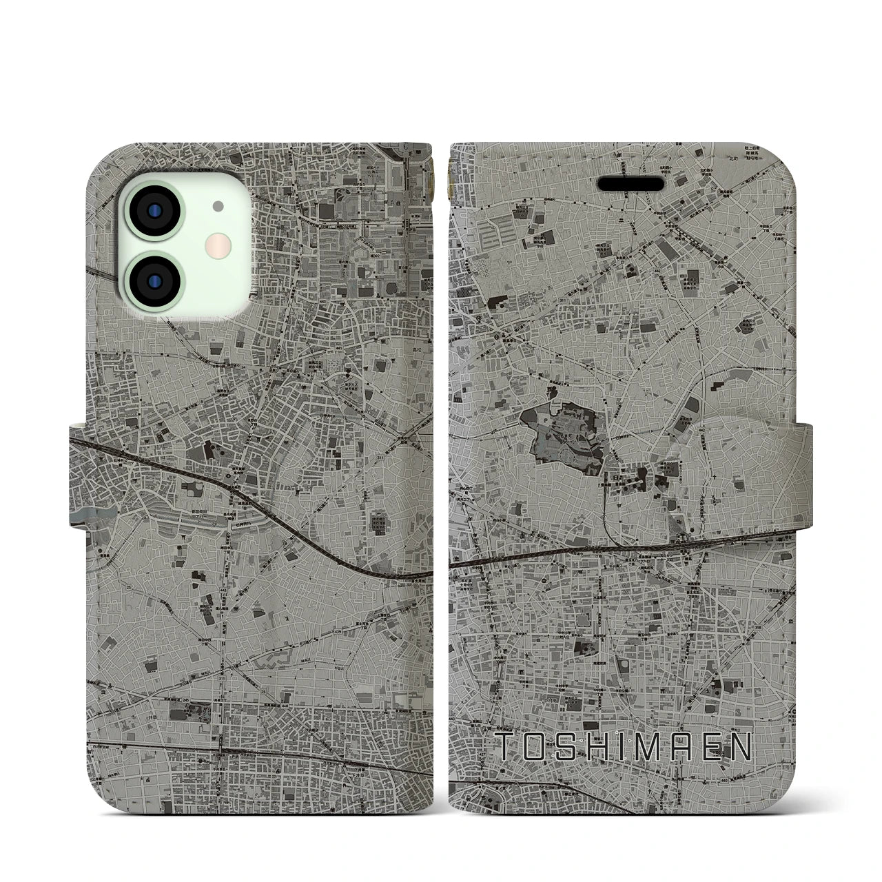 【豊島園(東京都)】地図柄iPhoneケース(手帳タイプ)モノトーン・iPhone 12 mini 用