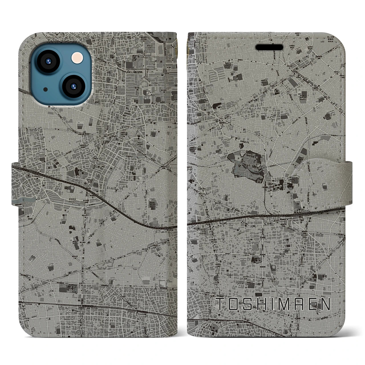 【豊島園(東京都)】地図柄iPhoneケース(手帳タイプ)モノトーン・iPhone 13 用