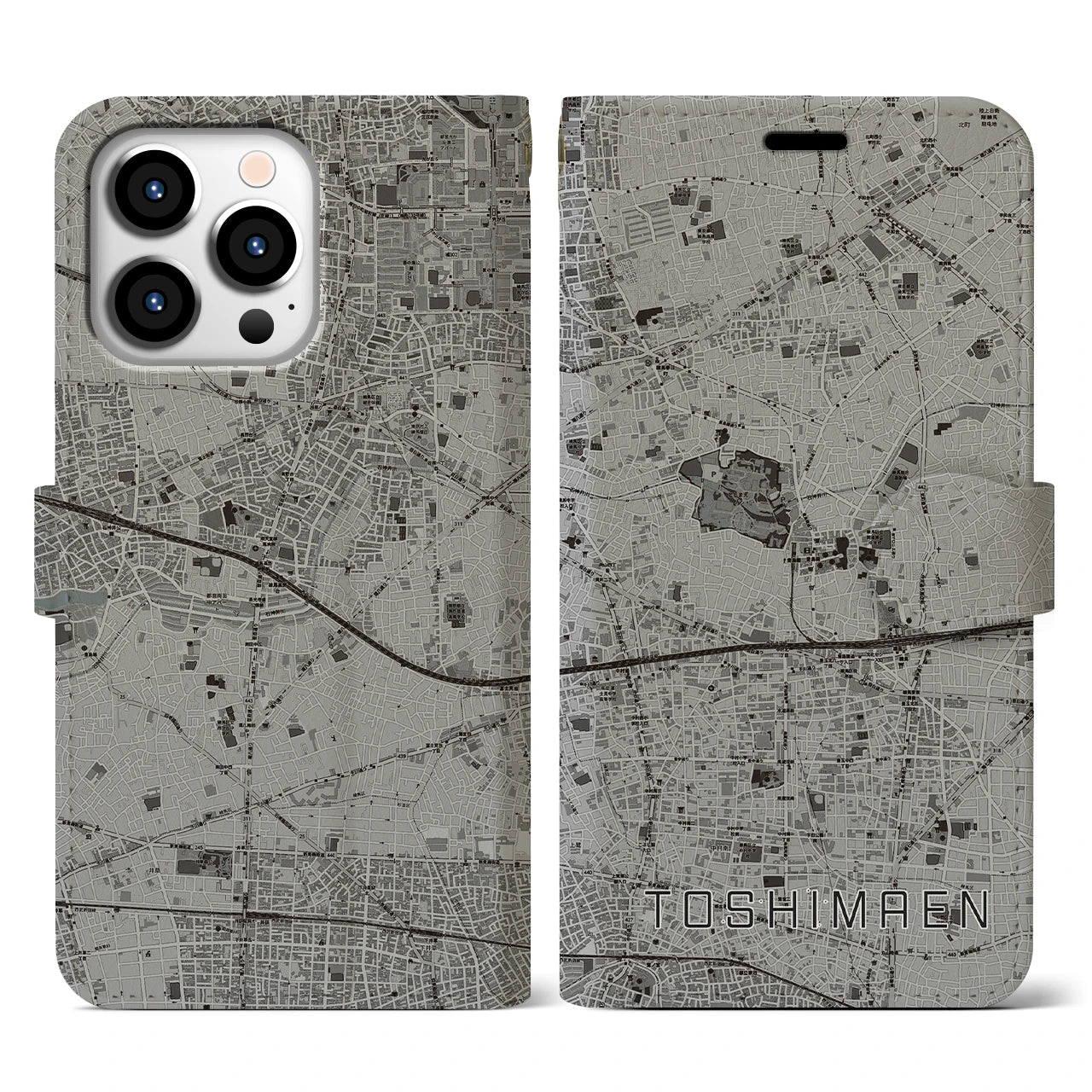 【豊島園(東京都)】地図柄iPhoneケース(手帳タイプ)モノトーン・iPhone 13 Pro 用