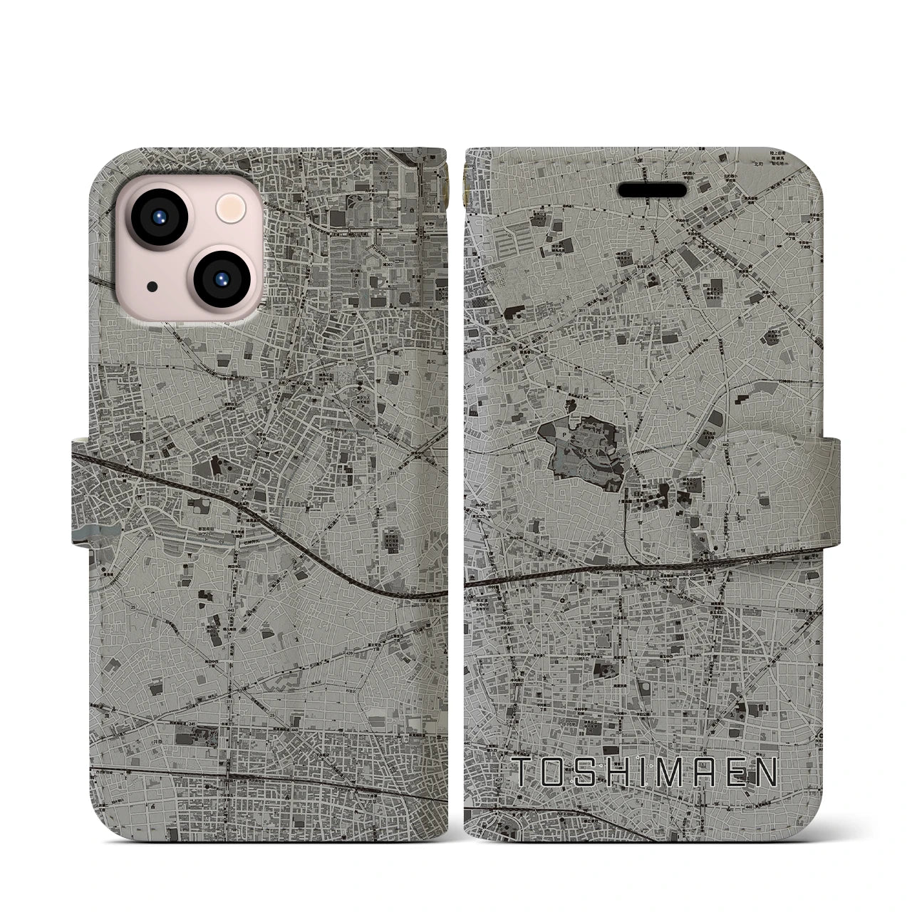 【豊島園(東京都)】地図柄iPhoneケース(手帳タイプ)モノトーン・iPhone 13 mini 用