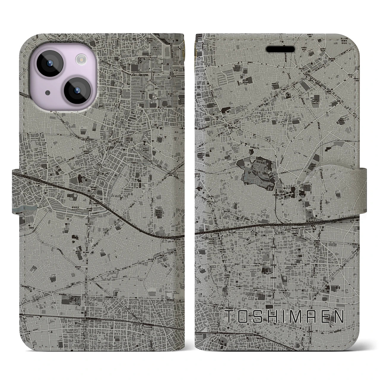 【豊島園(東京都)】地図柄iPhoneケース(手帳タイプ)モノトーン・iPhone 14 用