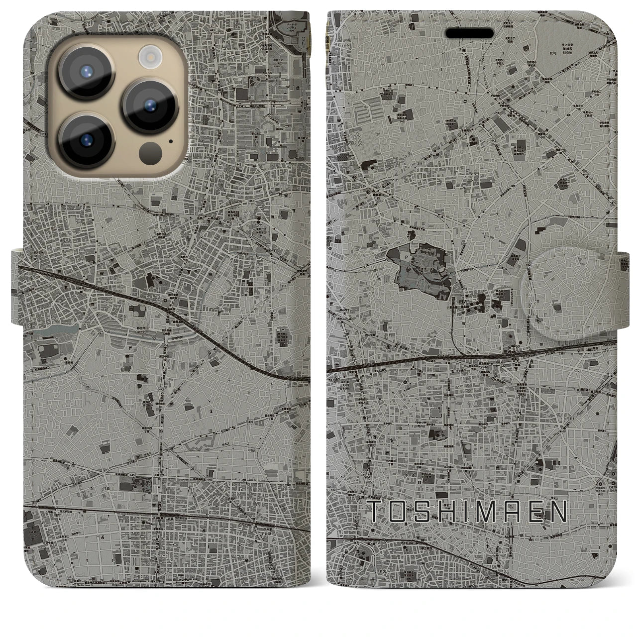 【豊島園(東京都)】地図柄iPhoneケース(手帳タイプ)モノトーン・iPhone 14 Pro Max 用