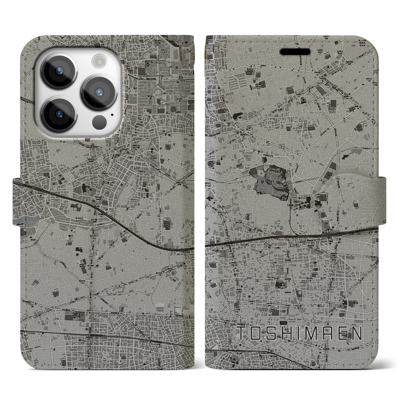 【豊島園(東京都)】地図柄iPhoneケース(手帳タイプ)モノトーン・iPhone 14 Pro 用