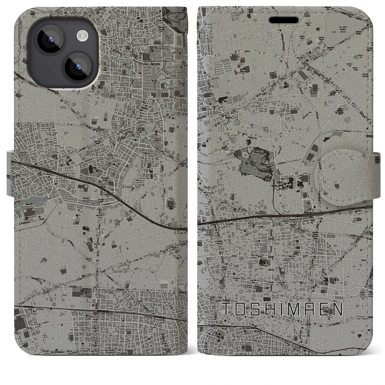 【豊島園(東京都)】地図柄iPhoneケース(手帳タイプ)モノトーン・iPhone 14 Plus 用