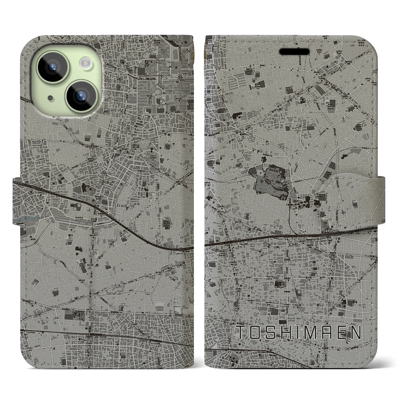 【豊島園(東京都)】地図柄iPhoneケース(手帳タイプ)モノトーン・iPhone 15 用