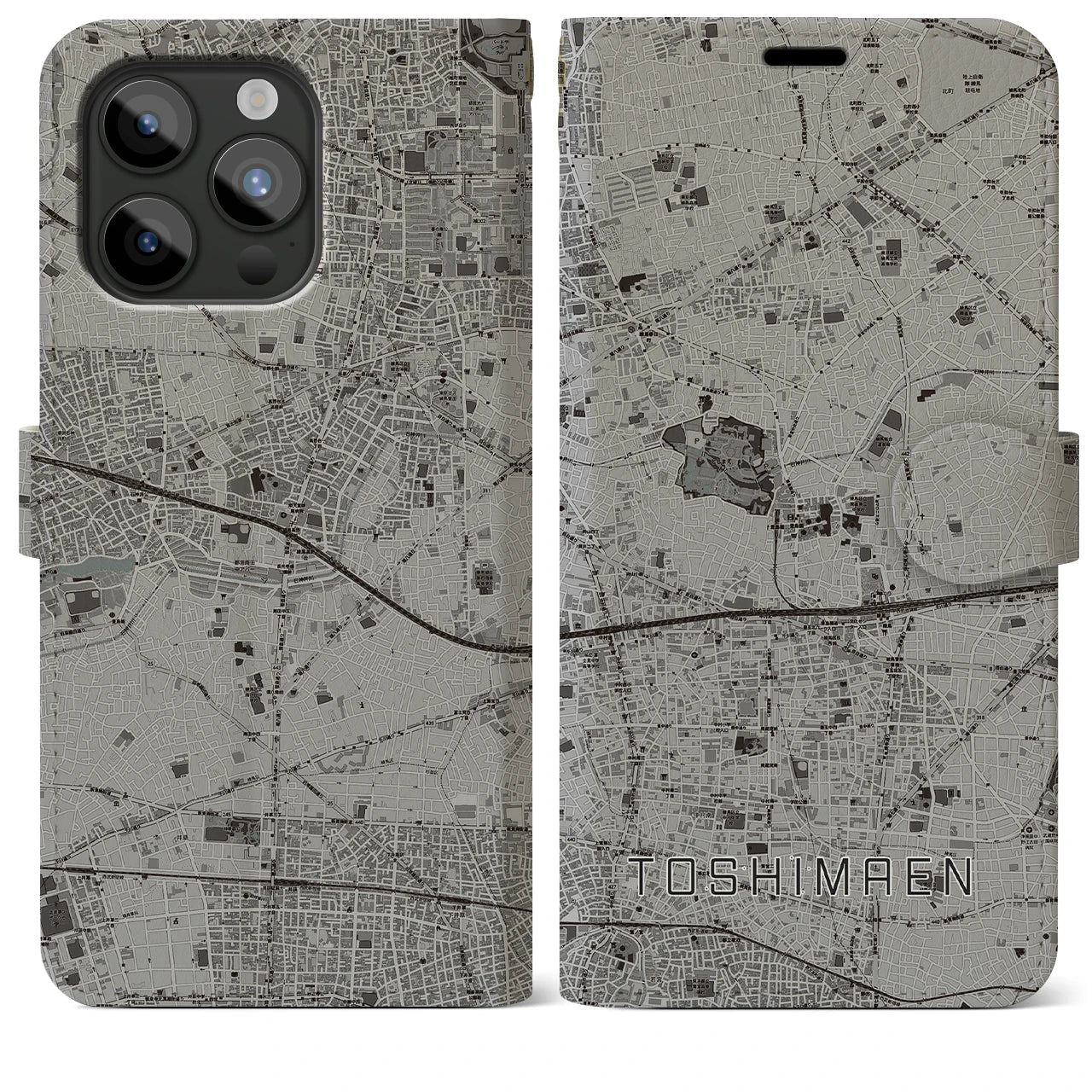 【豊島園(東京都)】地図柄iPhoneケース(手帳タイプ)モノトーン・iPhone 15 Pro Max 用