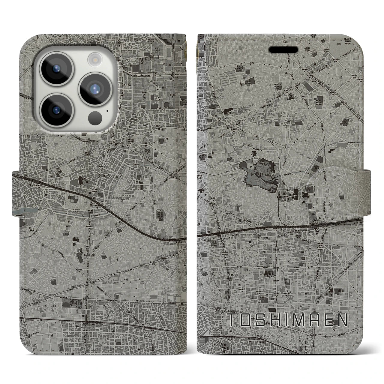 【豊島園(東京都)】地図柄iPhoneケース(手帳タイプ)モノトーン・iPhone 15 Pro 用