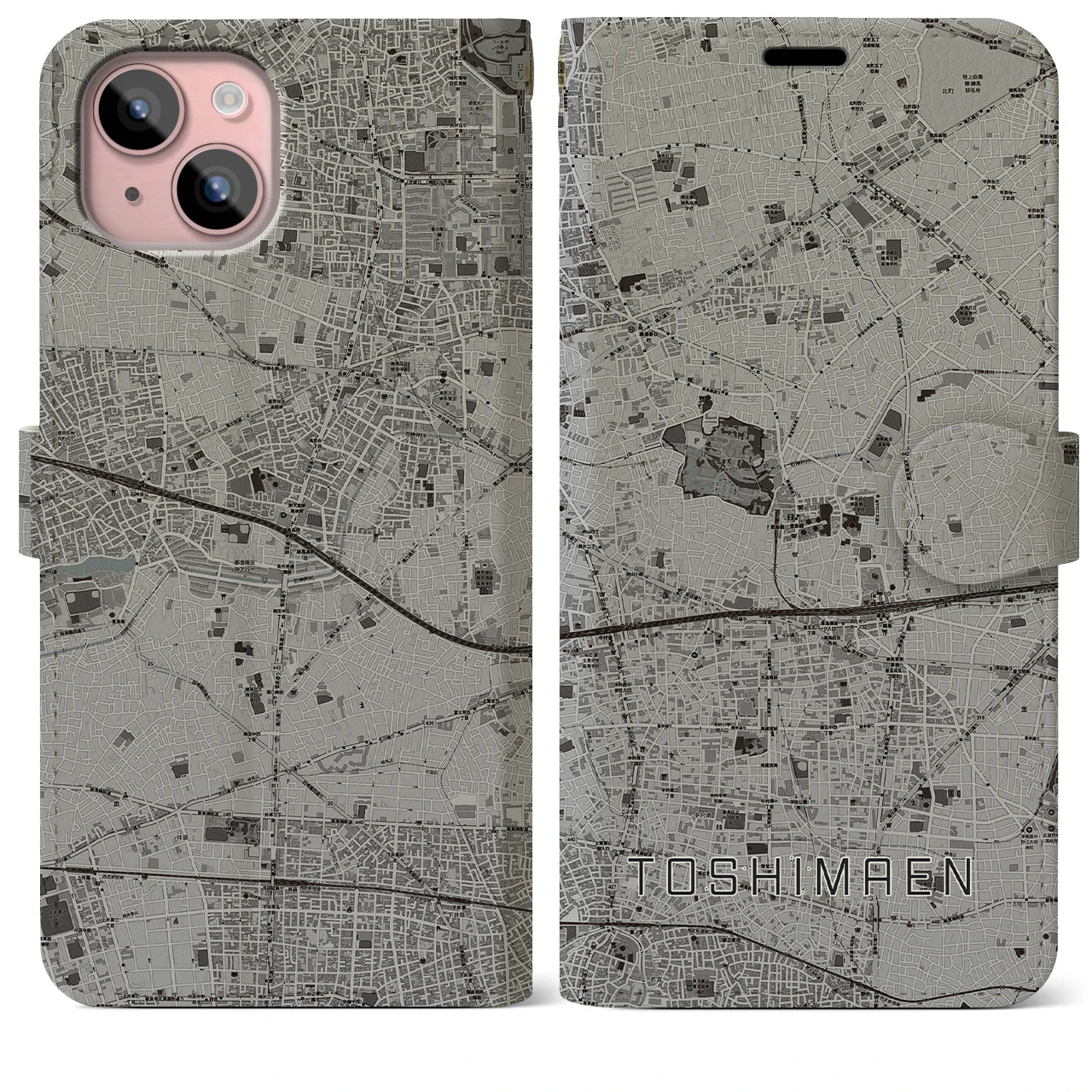 【豊島園(東京都)】地図柄iPhoneケース(手帳タイプ)モノトーン・iPhone 15 Plus 用