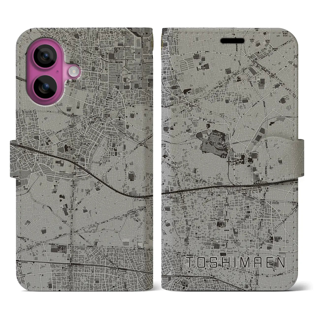 【豊島園(東京都)】地図柄iPhoneケース(手帳タイプ)モノトーン・iPhone 16 Pro 用