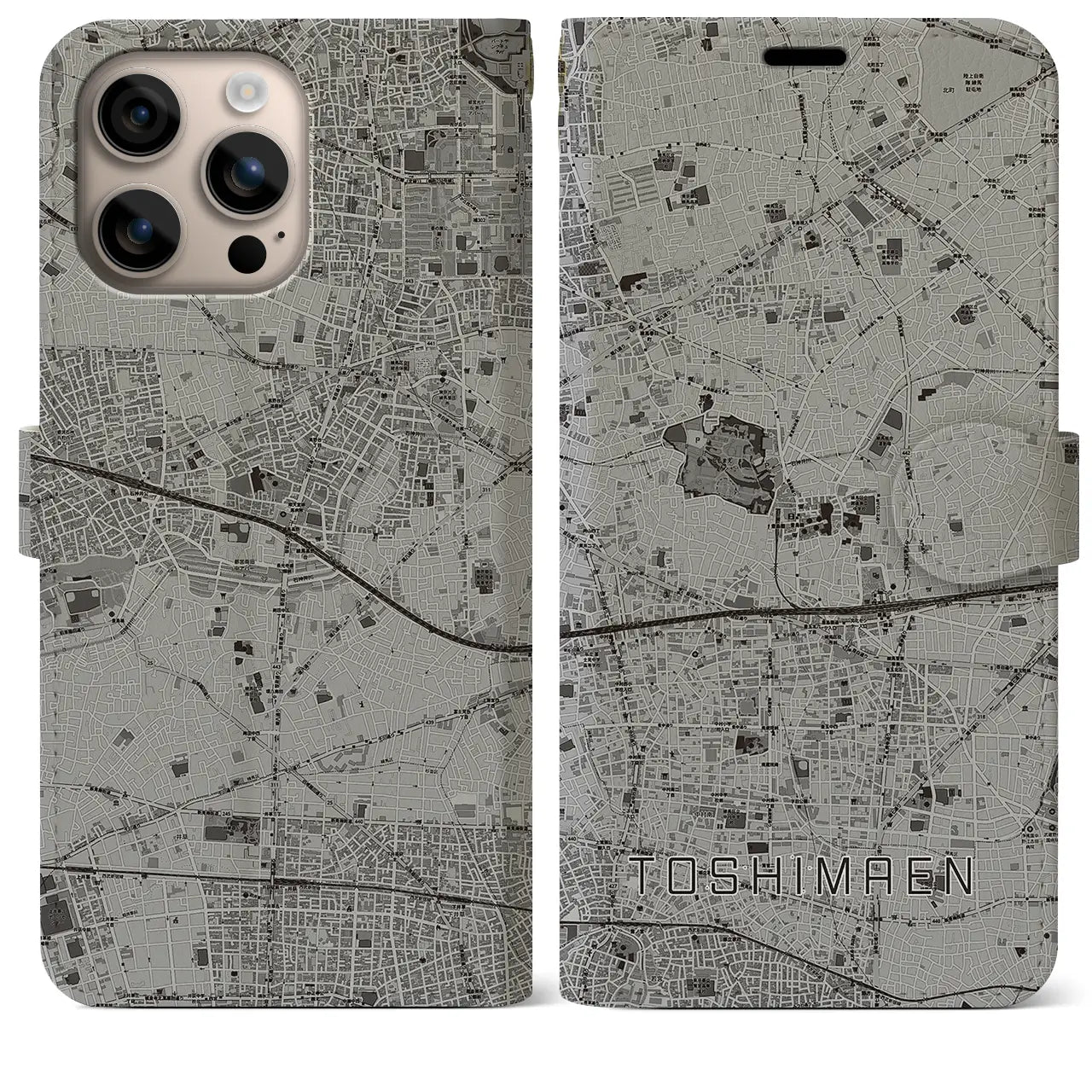 【豊島園(東京都)】地図柄iPhoneケース(手帳タイプ)モノトーン・iPhone 16 Plus 用