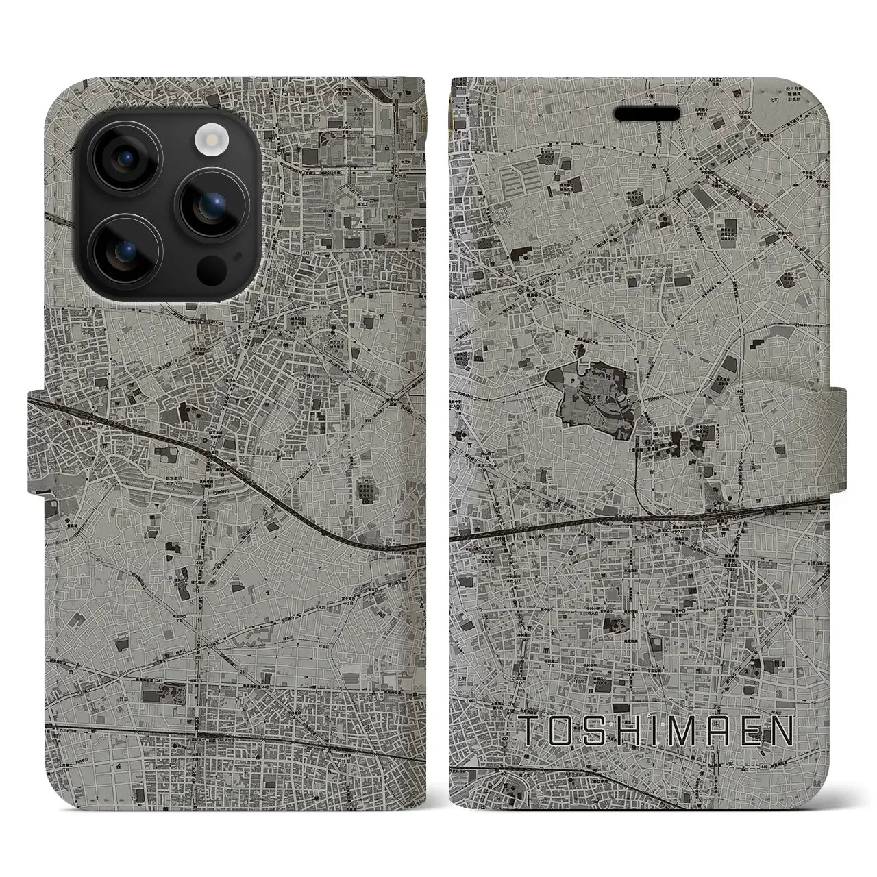【豊島園(東京都)】地図柄iPhoneケース(手帳タイプ)モノトーン・iPhone 16 用