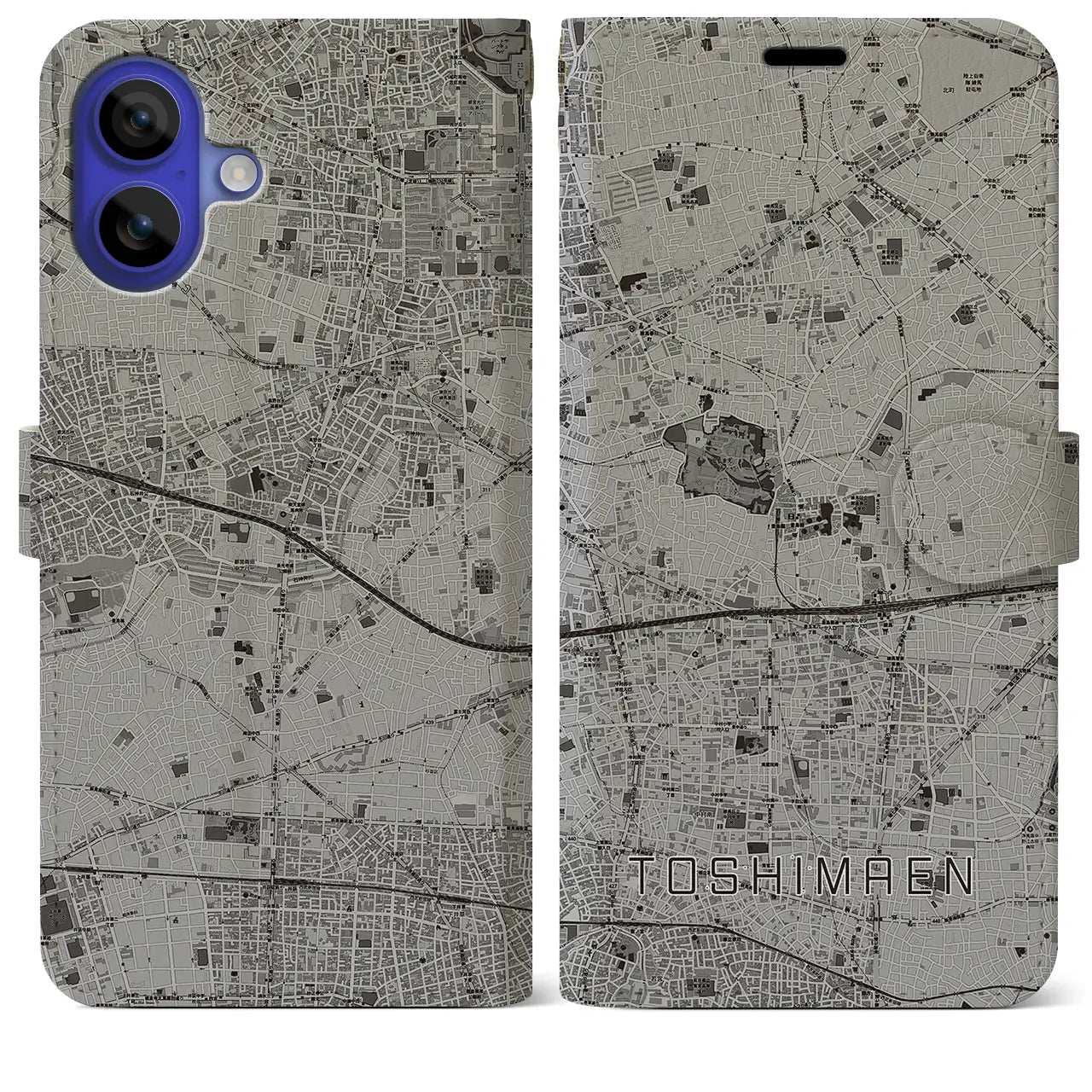 【豊島園(東京都)】地図柄iPhoneケース(手帳タイプ)モノトーン・iPhone 16 Pro Max 用