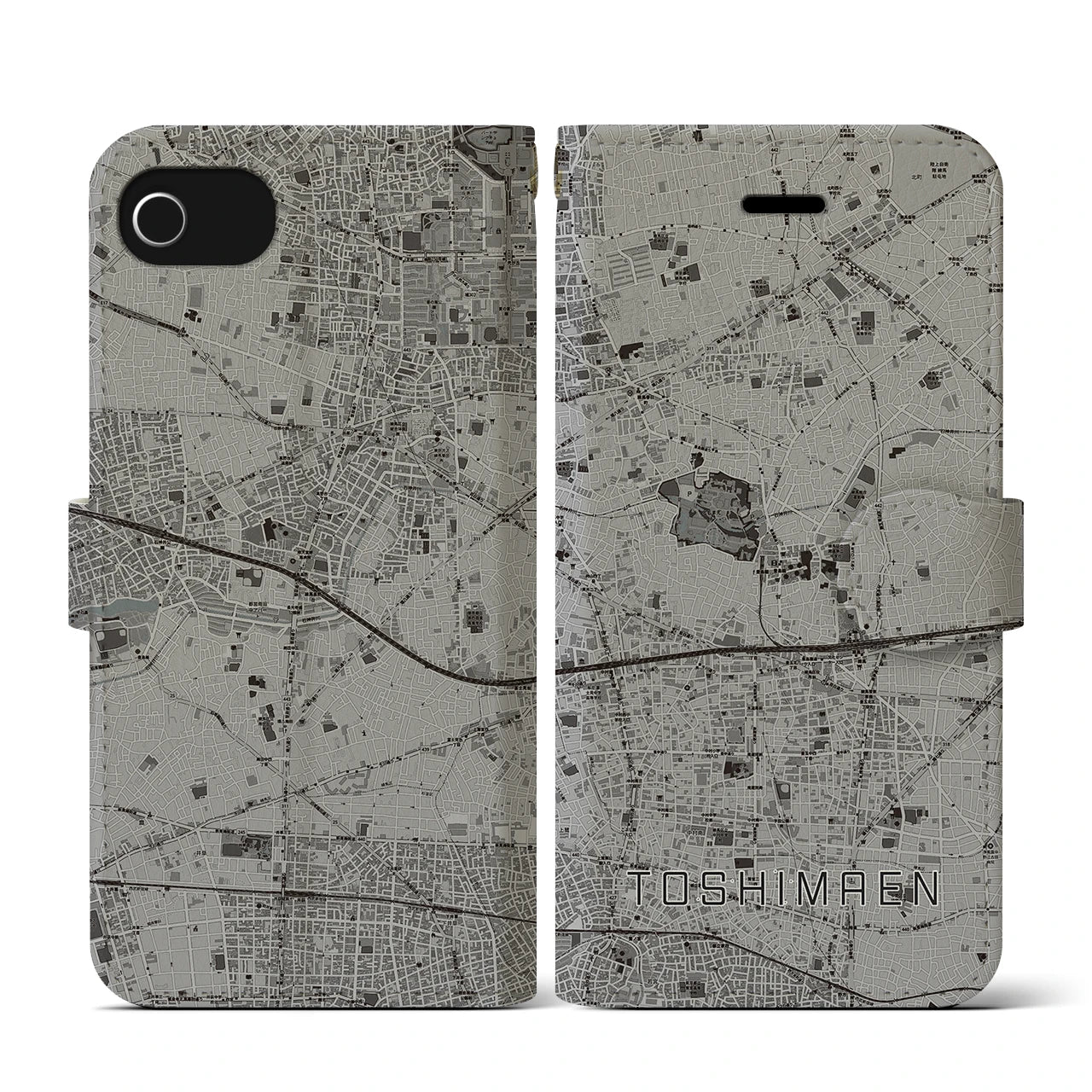 【豊島園(東京都)】地図柄iPhoneケース(手帳タイプ)モノトーン・iPhone SE(第3 / 第2世代) / 8 / 7 / 6s / 6 用