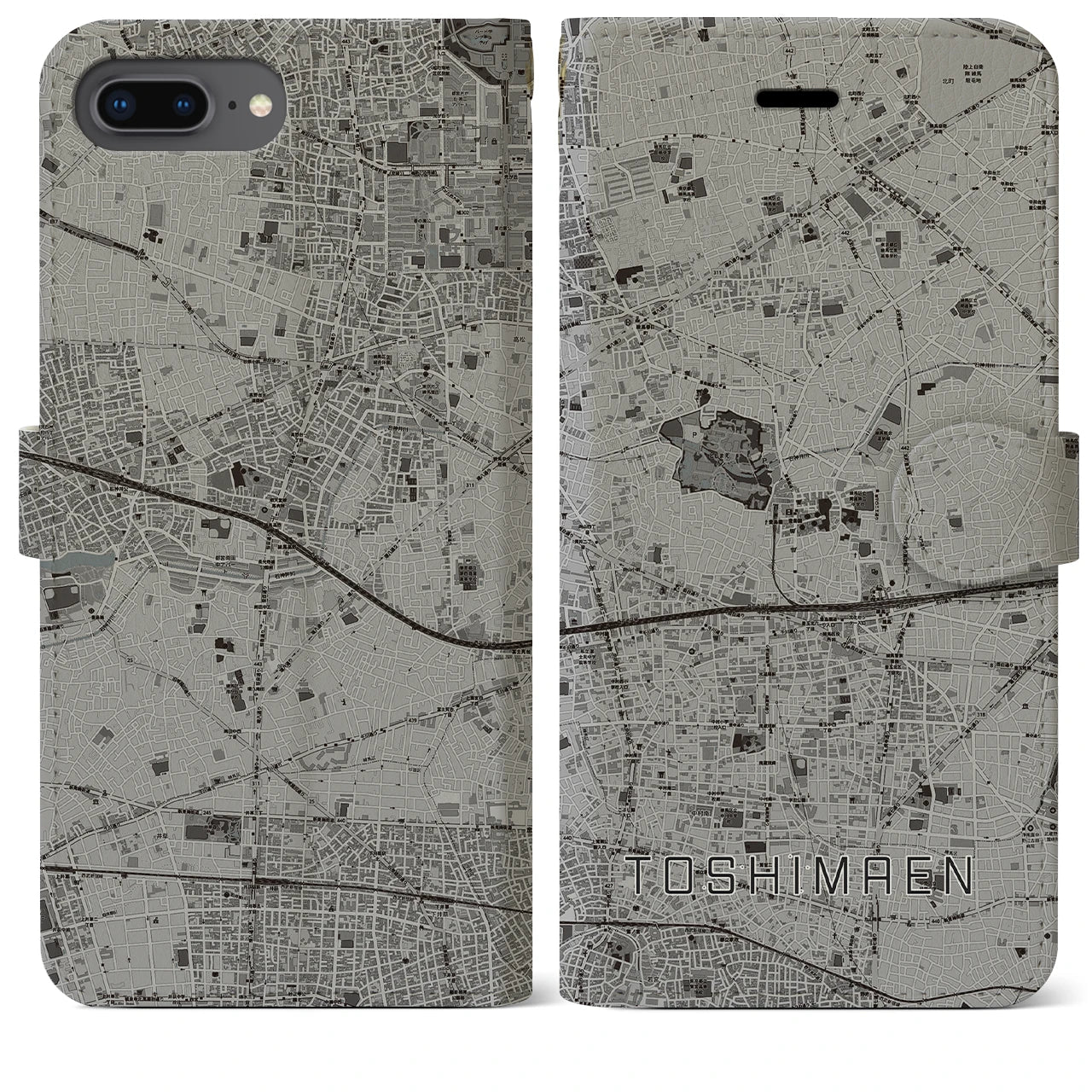 【豊島園(東京都)】地図柄iPhoneケース(手帳タイプ)モノトーン・iPhone 8Plus /7Plus / 6sPlus / 6Plus 用