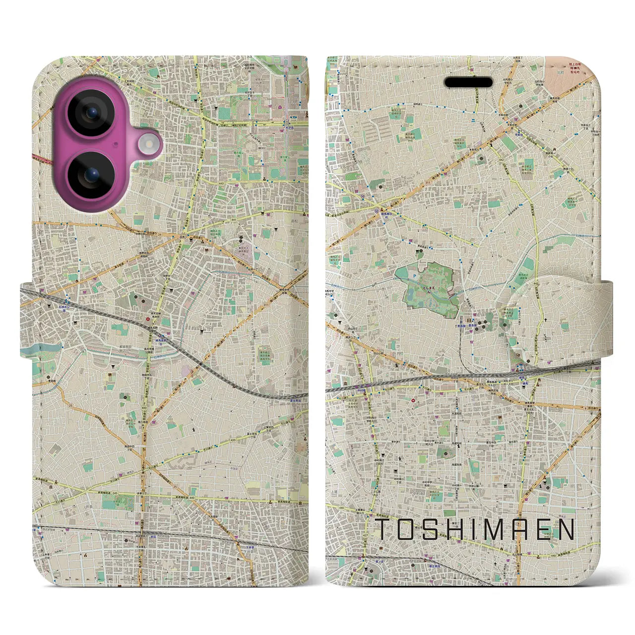 【豊島園(東京都)】地図柄iPhoneケース(手帳タイプ)ナチュラル・iPhone 16 Pro 用