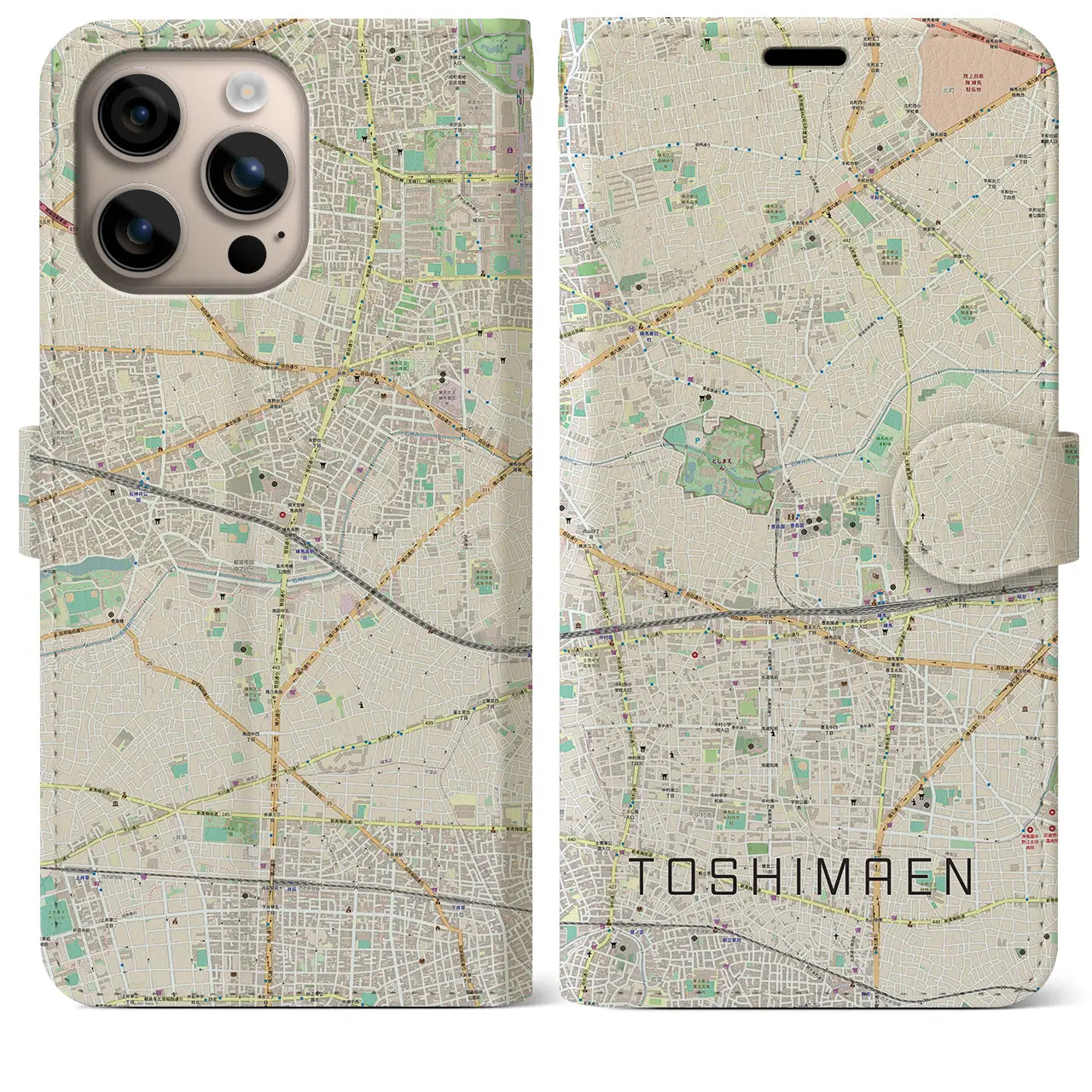 【豊島園(東京都)】地図柄iPhoneケース(手帳タイプ)ナチュラル・iPhone 16 Plus 用