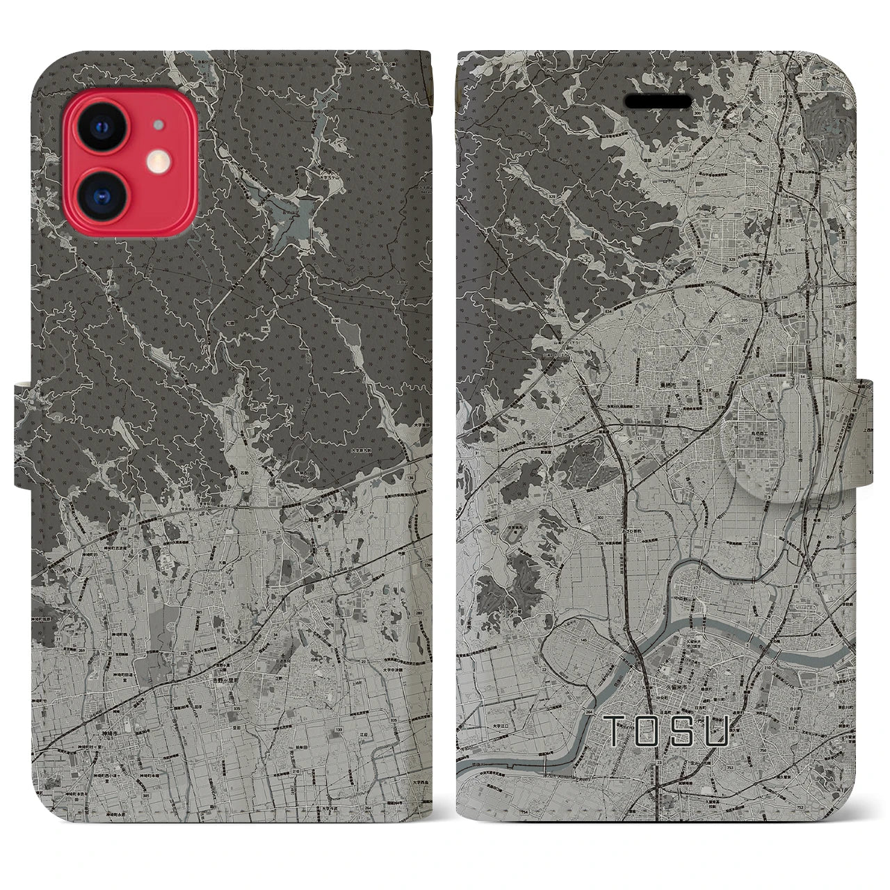 【鳥栖(佐賀県)】地図柄iPhoneケース(手帳タイプ)モノトーン・iPhone 11 用