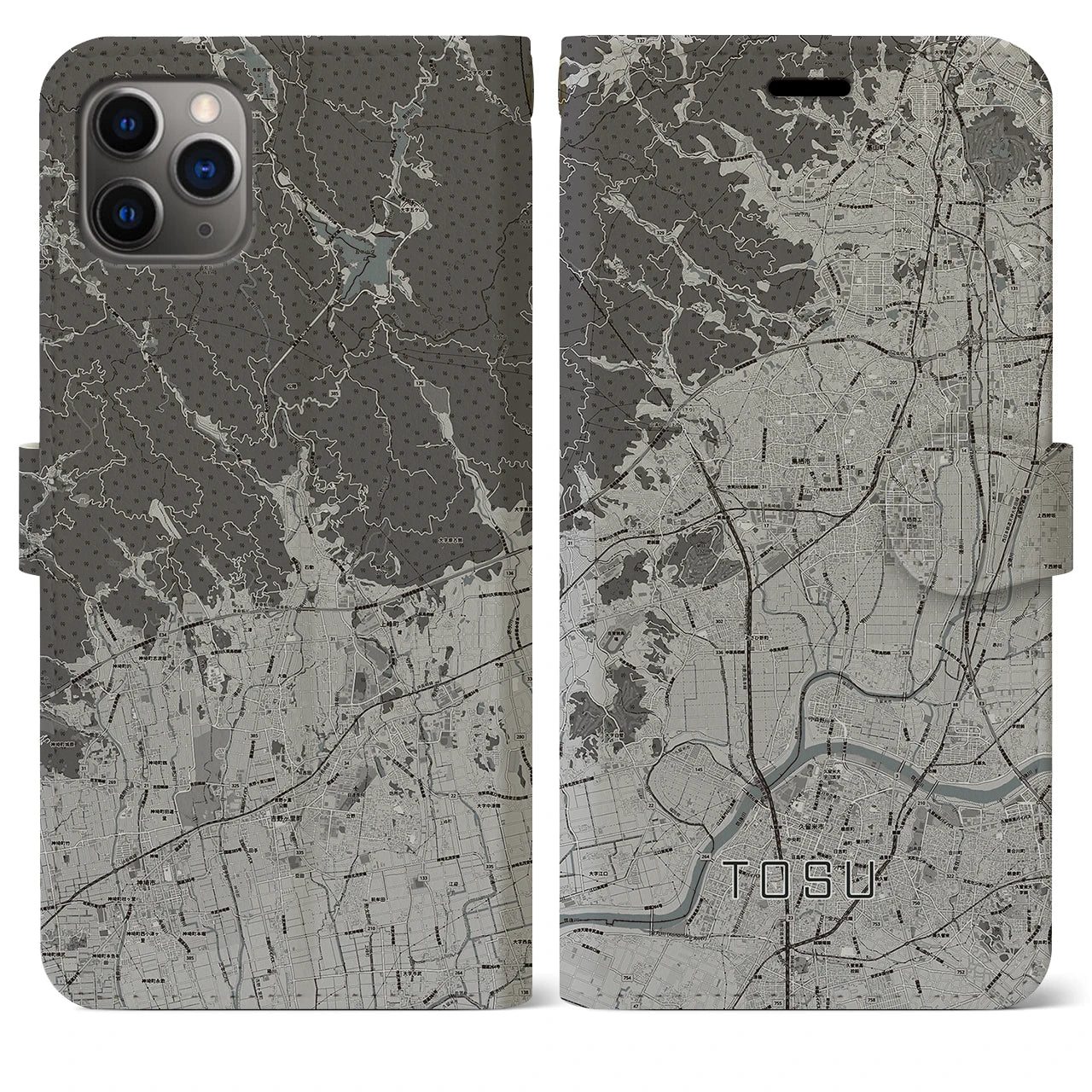 【鳥栖(佐賀県)】地図柄iPhoneケース(手帳タイプ)モノトーン・iPhone 11 Pro Max 用