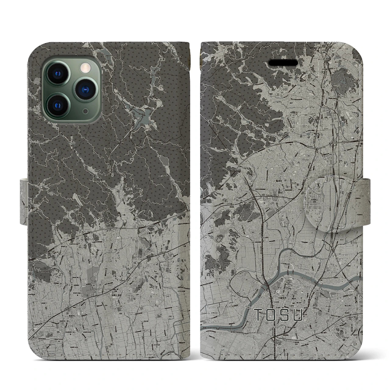 【鳥栖(佐賀県)】地図柄iPhoneケース(手帳タイプ)モノトーン・iPhone 11 Pro 用