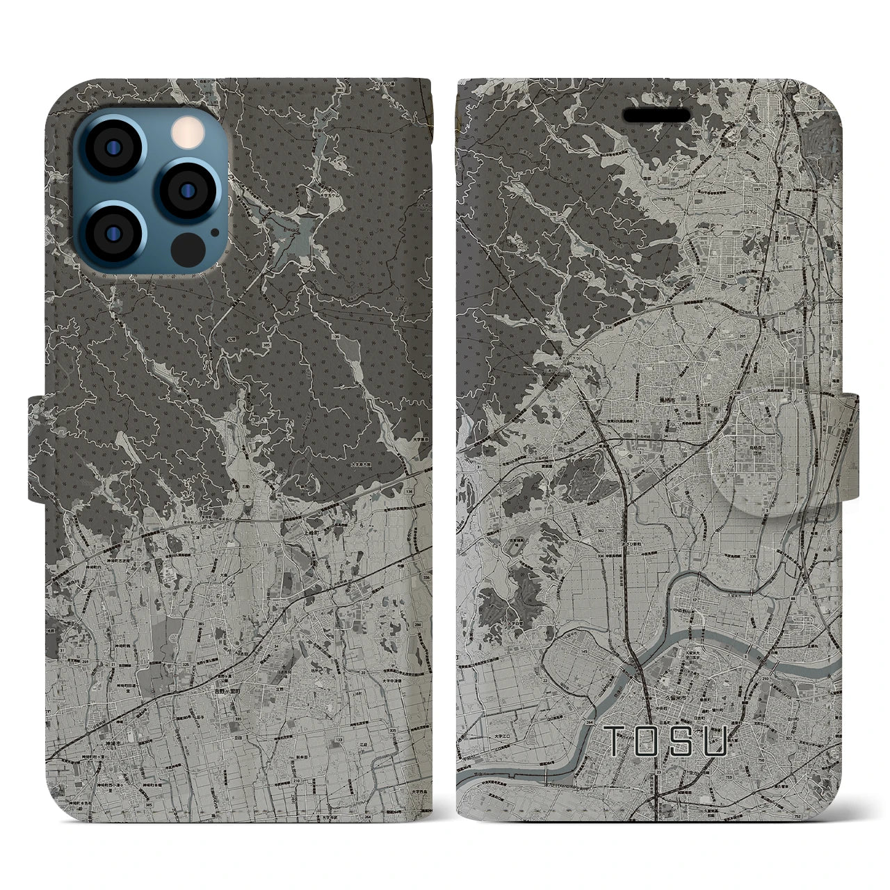 【鳥栖(佐賀県)】地図柄iPhoneケース(手帳タイプ)モノトーン・iPhone 12 / 12 Pro 用