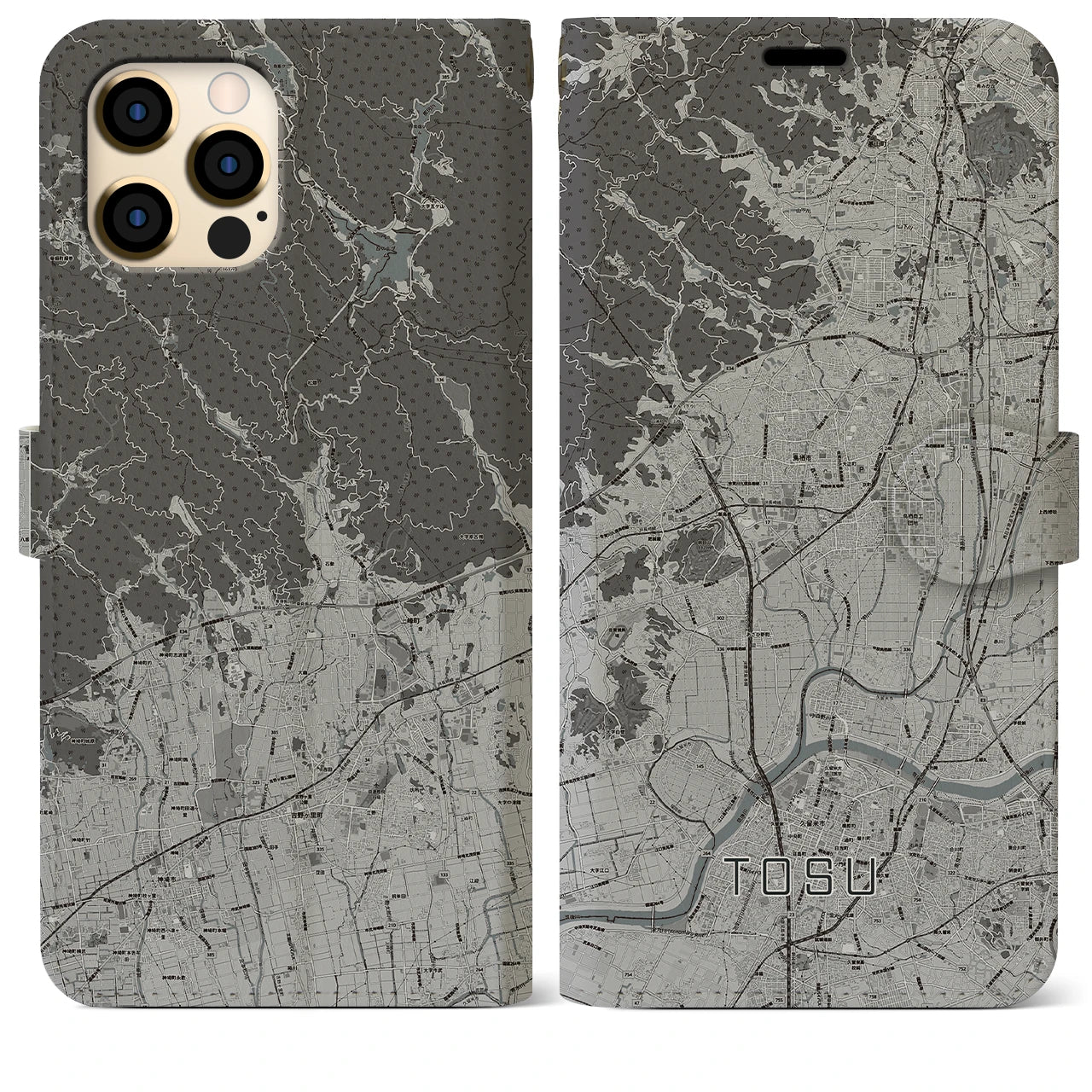 【鳥栖(佐賀県)】地図柄iPhoneケース(手帳タイプ)モノトーン・iPhone 12 Pro Max 用