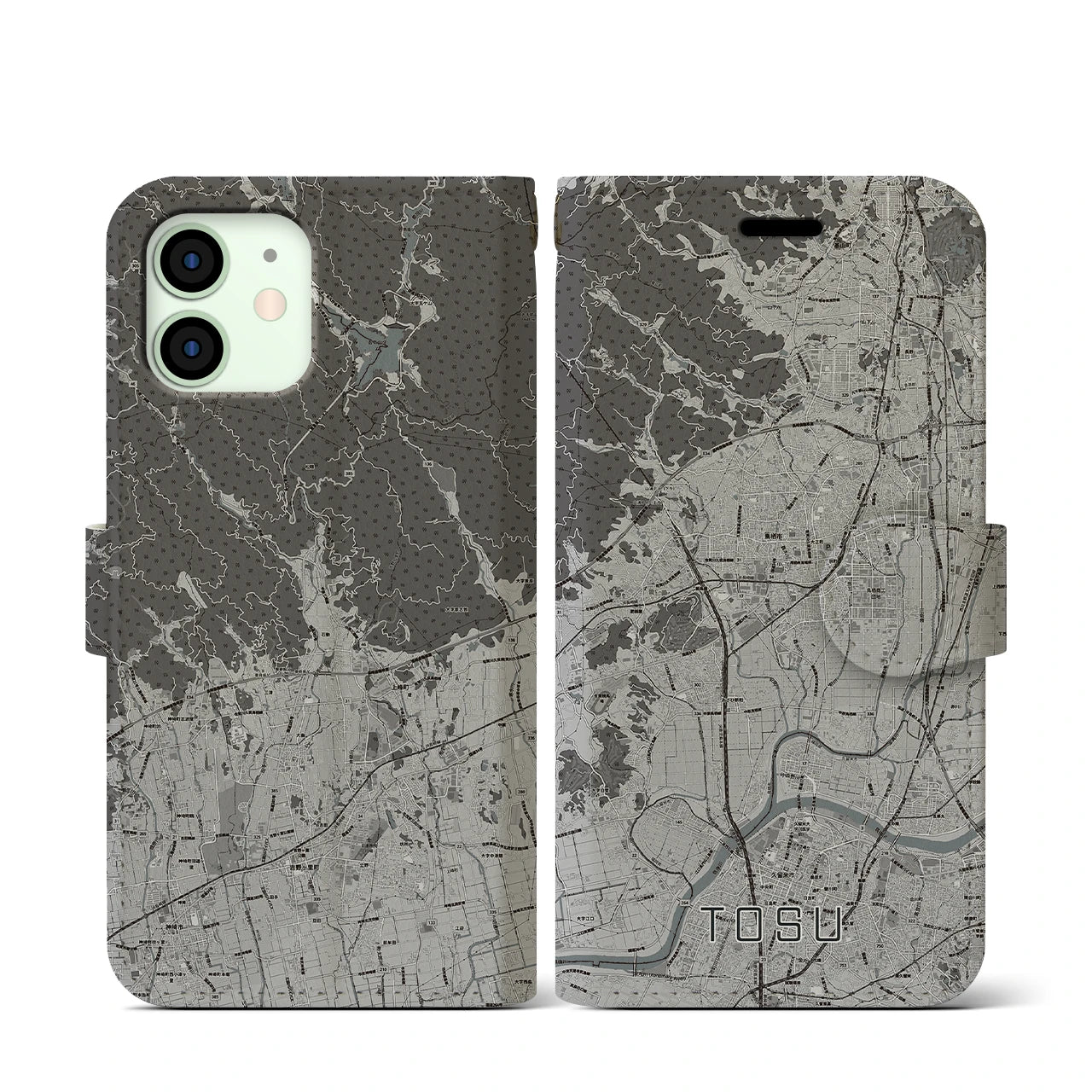 【鳥栖(佐賀県)】地図柄iPhoneケース(手帳タイプ)モノトーン・iPhone 12 mini 用