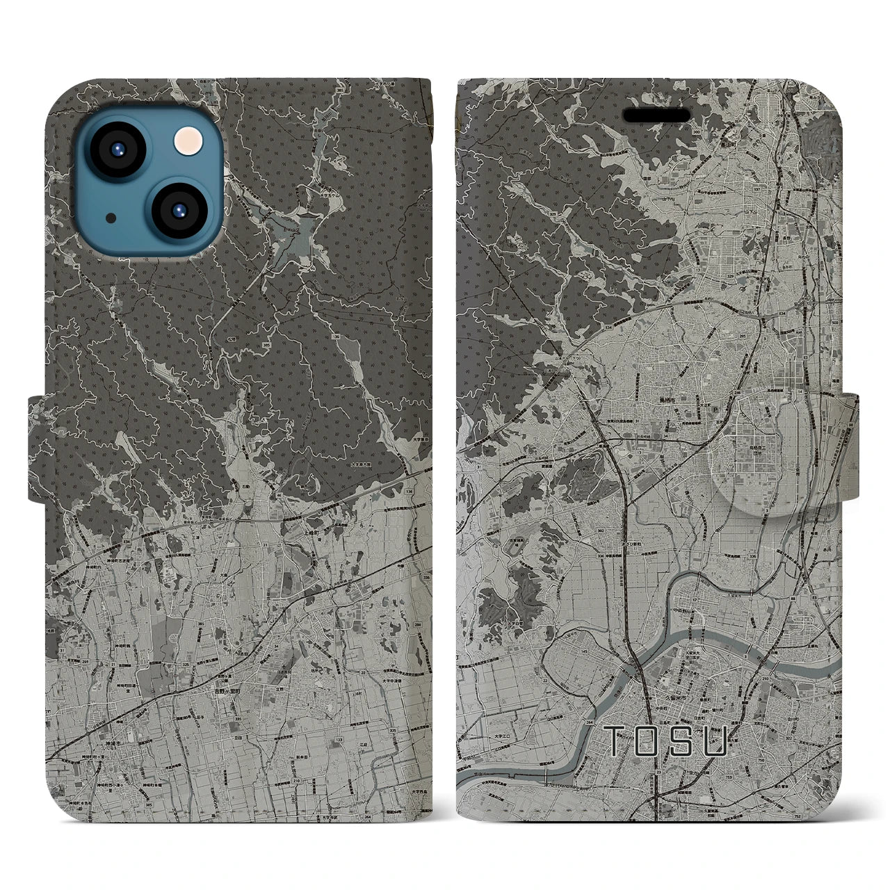 【鳥栖(佐賀県)】地図柄iPhoneケース(手帳タイプ)モノトーン・iPhone 13 用
