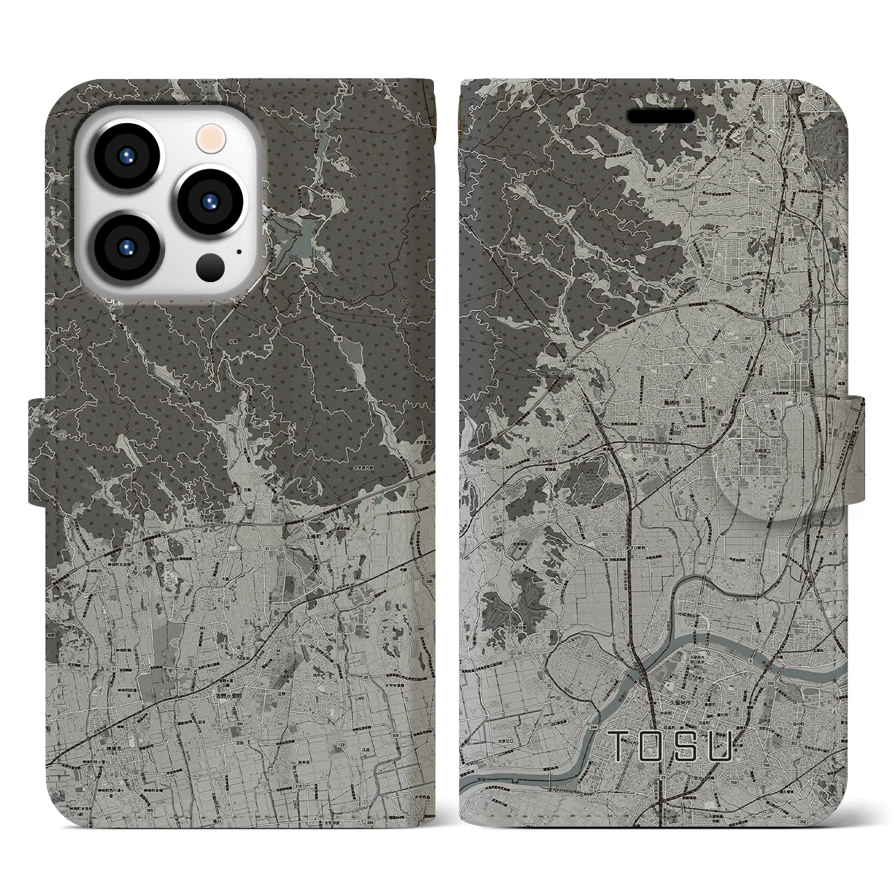 【鳥栖(佐賀県)】地図柄iPhoneケース(手帳タイプ)モノトーン・iPhone 13 Pro 用