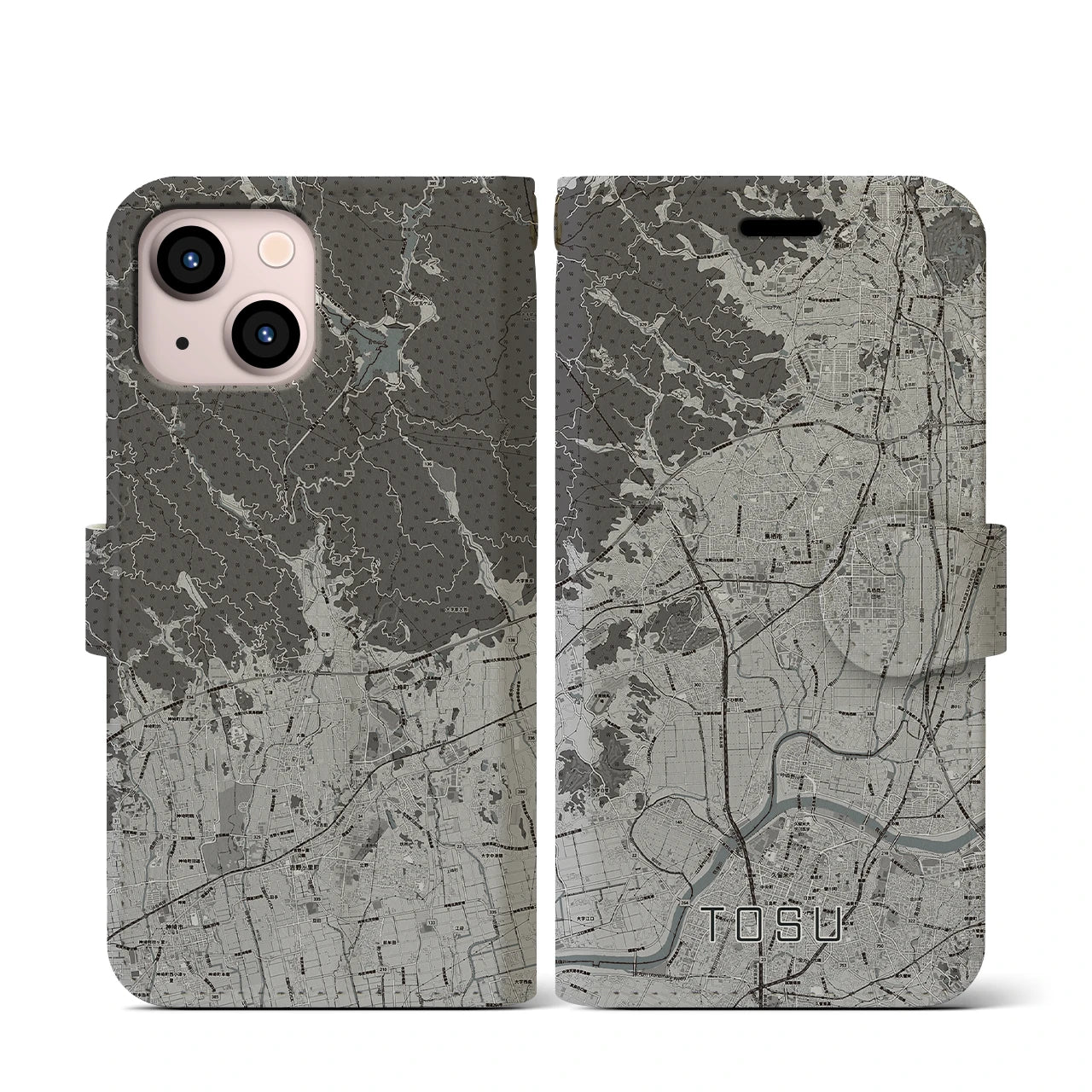 【鳥栖(佐賀県)】地図柄iPhoneケース(手帳タイプ)モノトーン・iPhone 13 mini 用