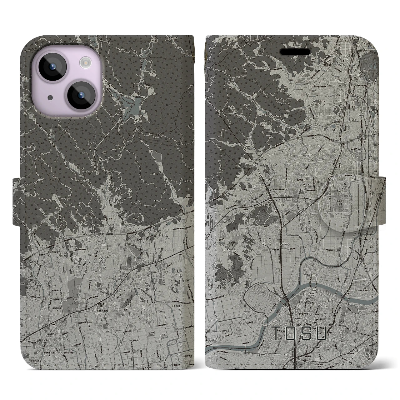 【鳥栖(佐賀県)】地図柄iPhoneケース(手帳タイプ)モノトーン・iPhone 14 用
