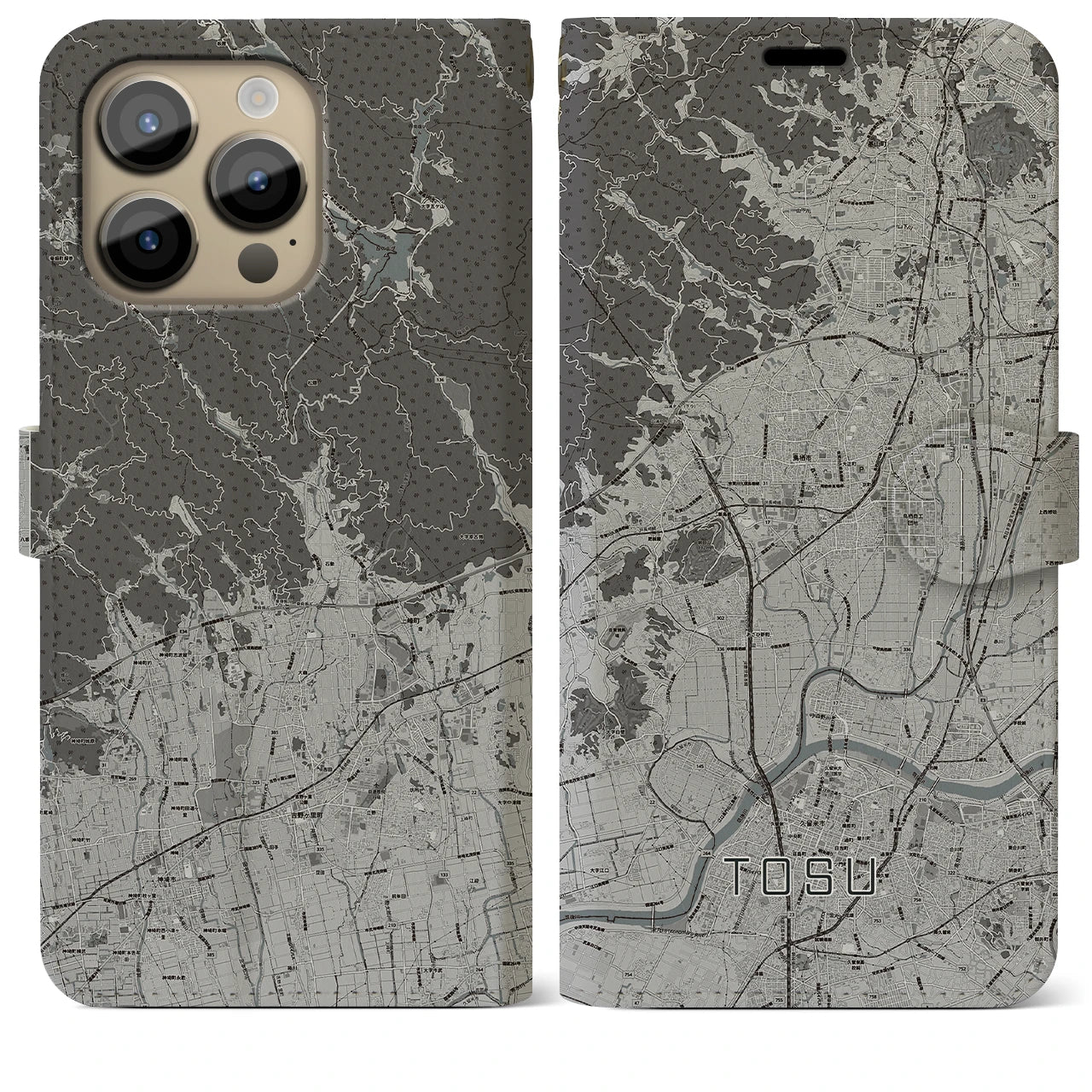 【鳥栖(佐賀県)】地図柄iPhoneケース(手帳タイプ)モノトーン・iPhone 14 Pro Max 用