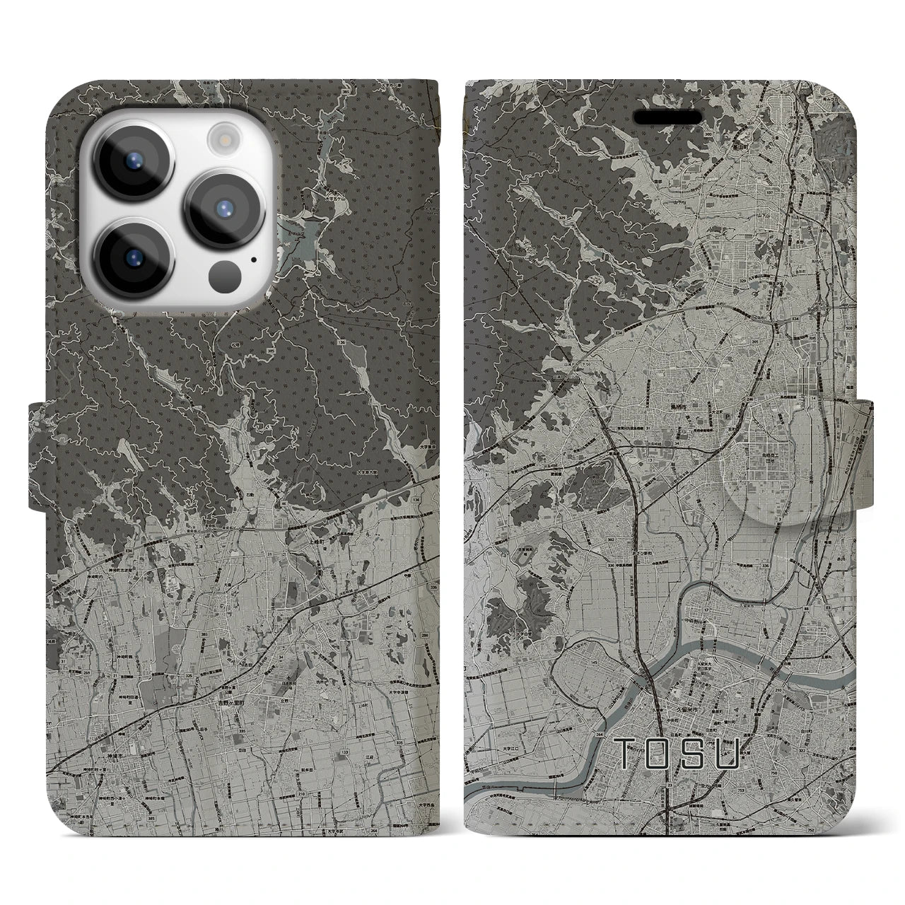 【鳥栖(佐賀県)】地図柄iPhoneケース(手帳タイプ)モノトーン・iPhone 14 Pro 用