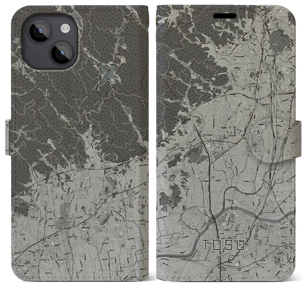 【鳥栖(佐賀県)】地図柄iPhoneケース(手帳タイプ)モノトーン・iPhone 14 Plus 用