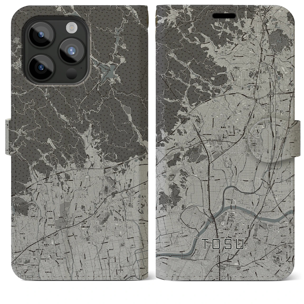 【鳥栖(佐賀県)】地図柄iPhoneケース(手帳タイプ)モノトーン・iPhone 15 Pro Max 用