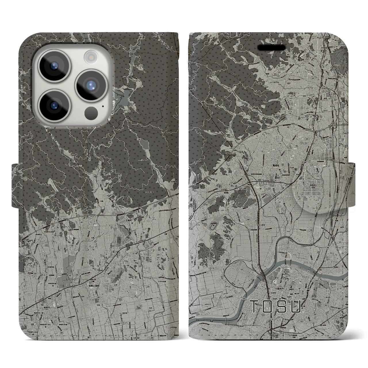 【鳥栖(佐賀県)】地図柄iPhoneケース(手帳タイプ)モノトーン・iPhone 15 Pro 用