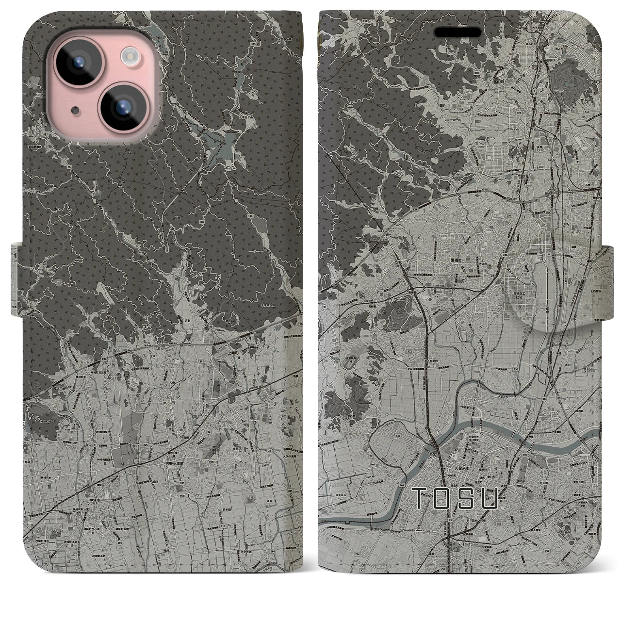 【鳥栖(佐賀県)】地図柄iPhoneケース(手帳タイプ)モノトーン・iPhone 15 Plus 用