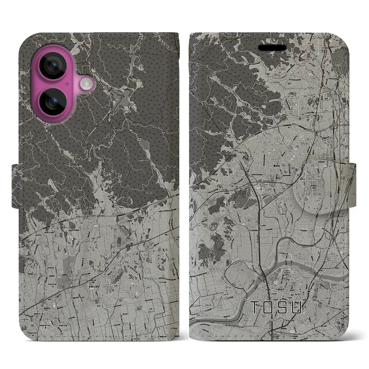【鳥栖(佐賀県)】地図柄iPhoneケース(手帳タイプ)モノトーン・iPhone 16 Pro 用