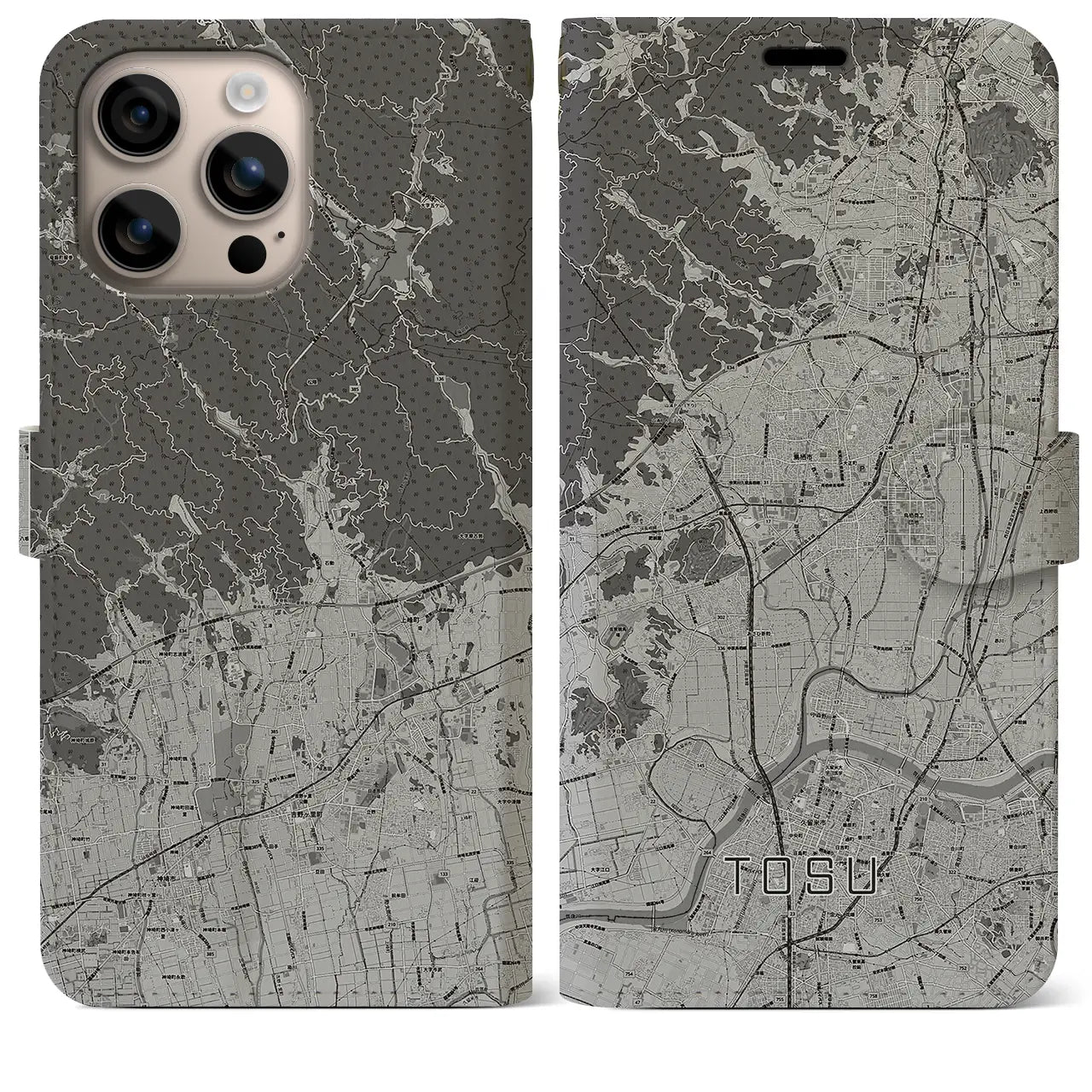 【鳥栖(佐賀県)】地図柄iPhoneケース(手帳タイプ)モノトーン・iPhone 16 Plus 用