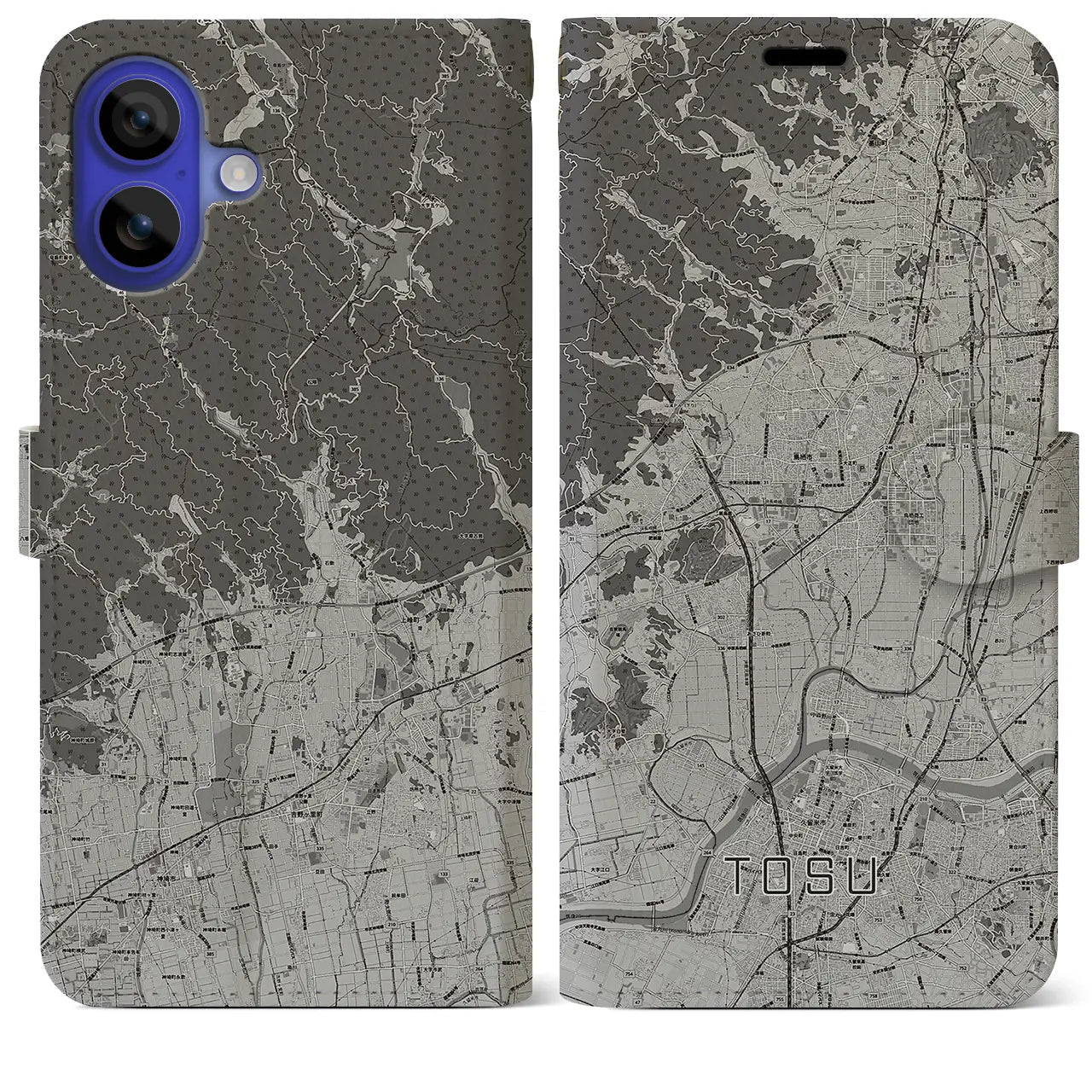 【鳥栖(佐賀県)】地図柄iPhoneケース(手帳タイプ)モノトーン・iPhone 16 Pro Max 用