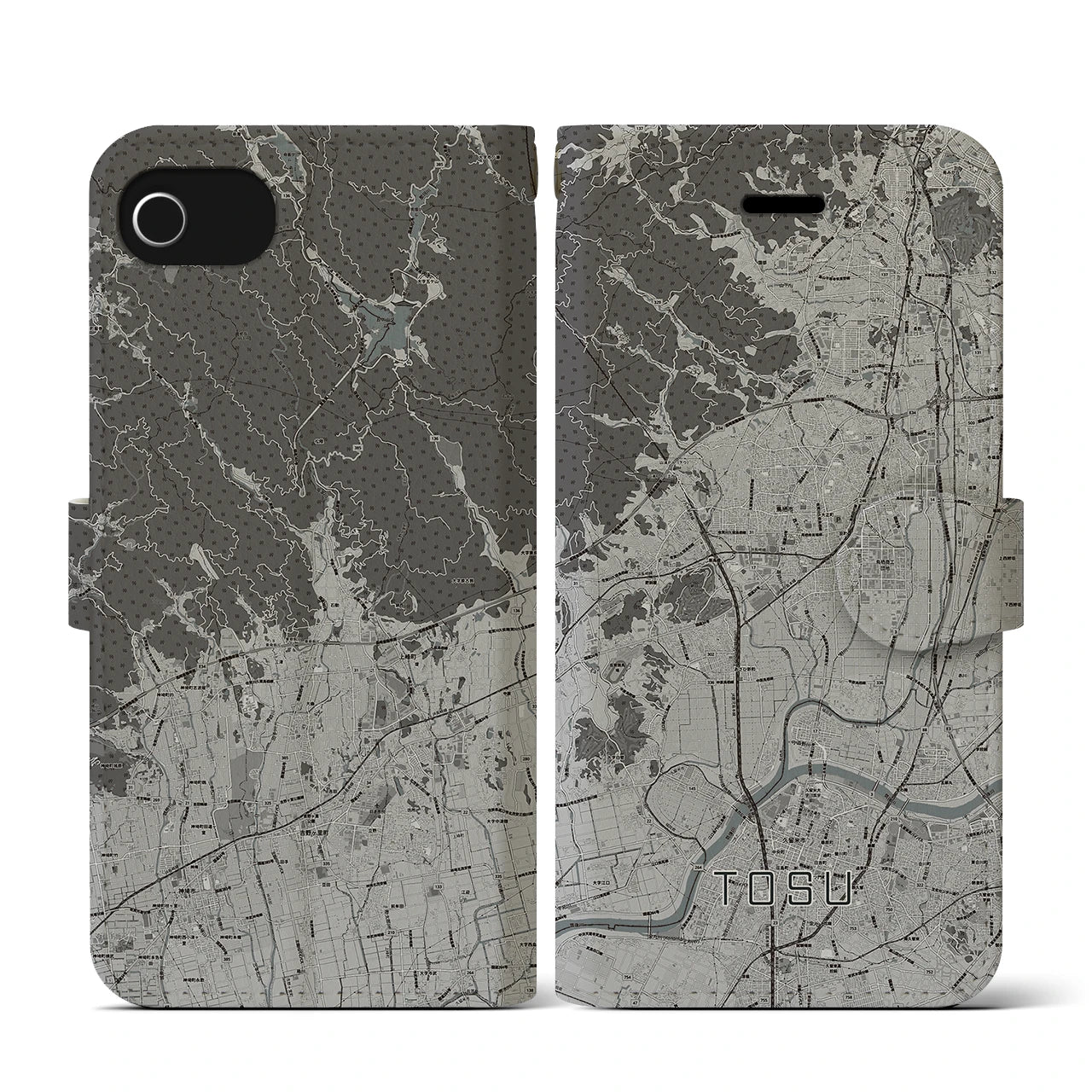 【鳥栖(佐賀県)】地図柄iPhoneケース(手帳タイプ)モノトーン・iPhone SE(第3 / 第2世代) / 8 / 7 / 6s / 6 用