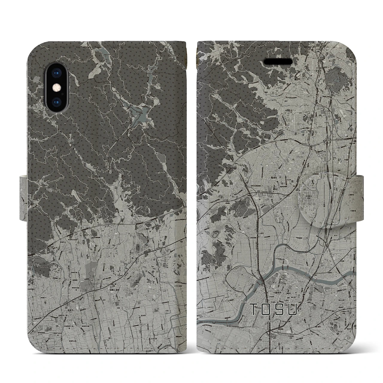 【鳥栖(佐賀県)】地図柄iPhoneケース(手帳タイプ)モノトーン・iPhone XS / X 用