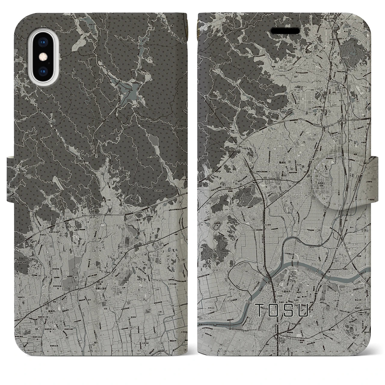 【鳥栖(佐賀県)】地図柄iPhoneケース(手帳タイプ)モノトーン・iPhone XS Max 用