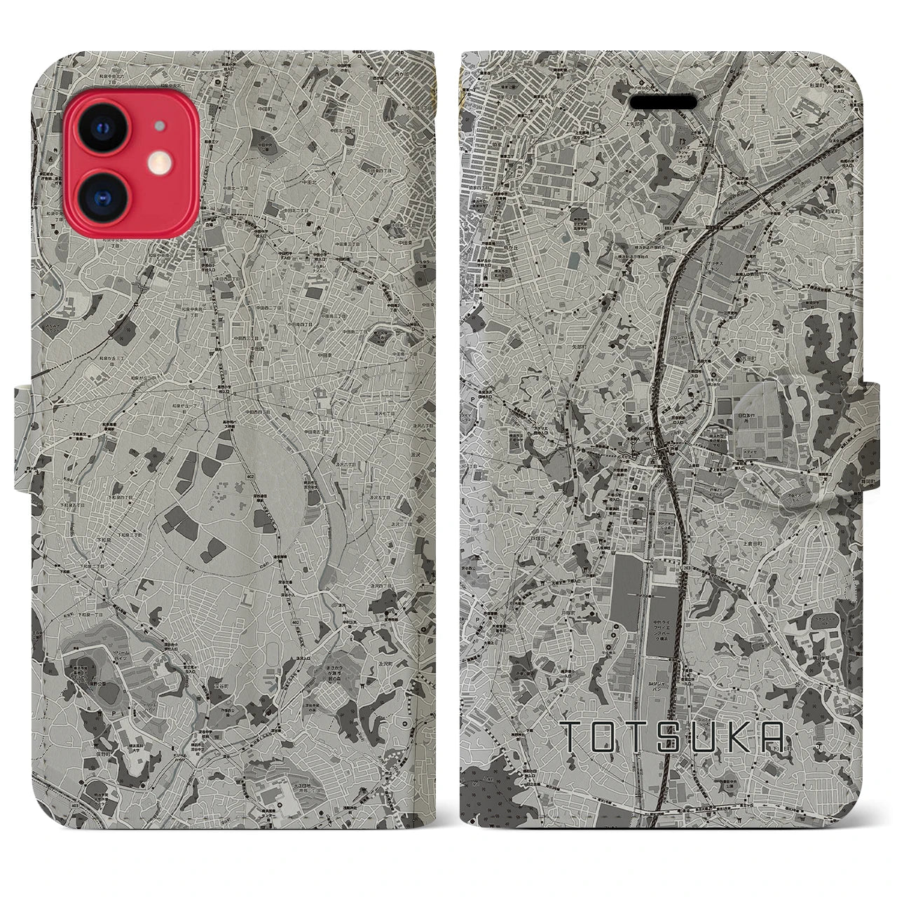 【戸塚(神奈川県)】地図柄iPhoneケース(手帳タイプ)モノトーン・iPhone 11 用