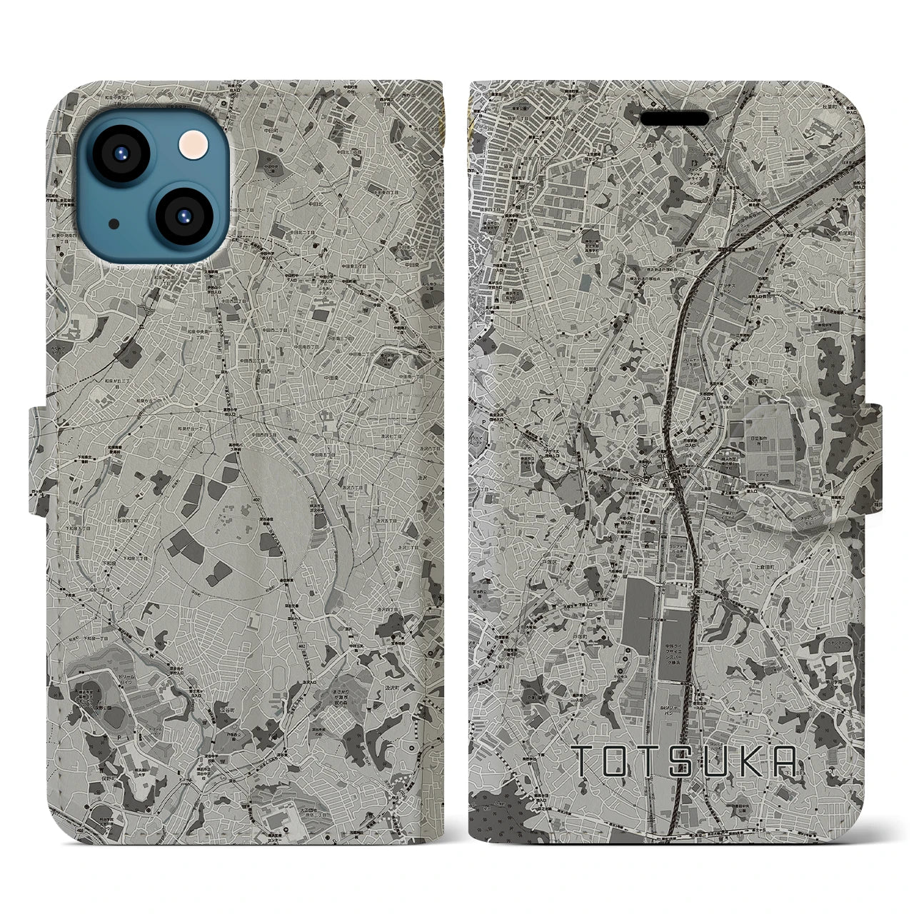 【戸塚(神奈川県)】地図柄iPhoneケース(手帳タイプ)モノトーン・iPhone 13 用
