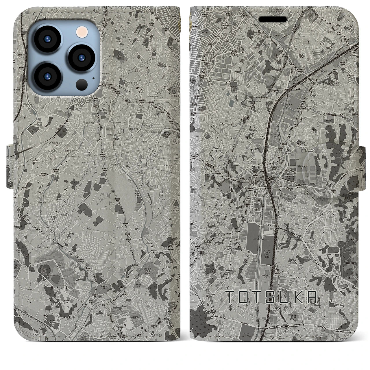 【戸塚(神奈川県)】地図柄iPhoneケース(手帳タイプ)モノトーン・iPhone 13 Pro Max 用