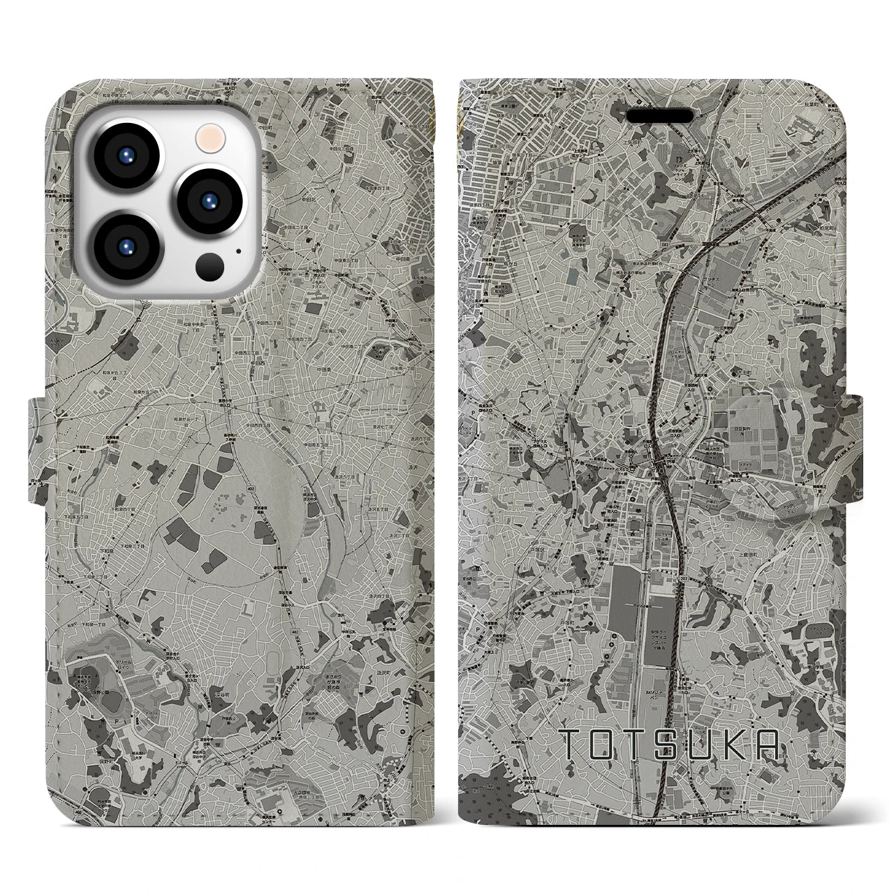【戸塚(神奈川県)】地図柄iPhoneケース(手帳タイプ)モノトーン・iPhone 13 Pro 用