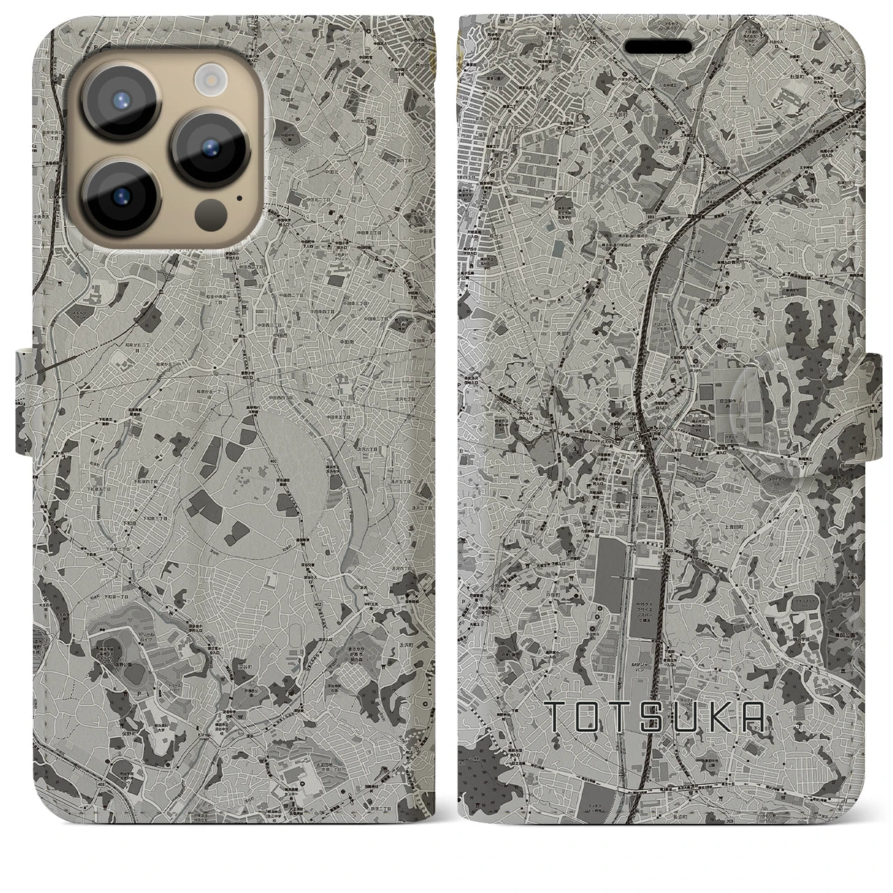 【戸塚(神奈川県)】地図柄iPhoneケース(手帳タイプ)モノトーン・iPhone 14 Pro Max 用