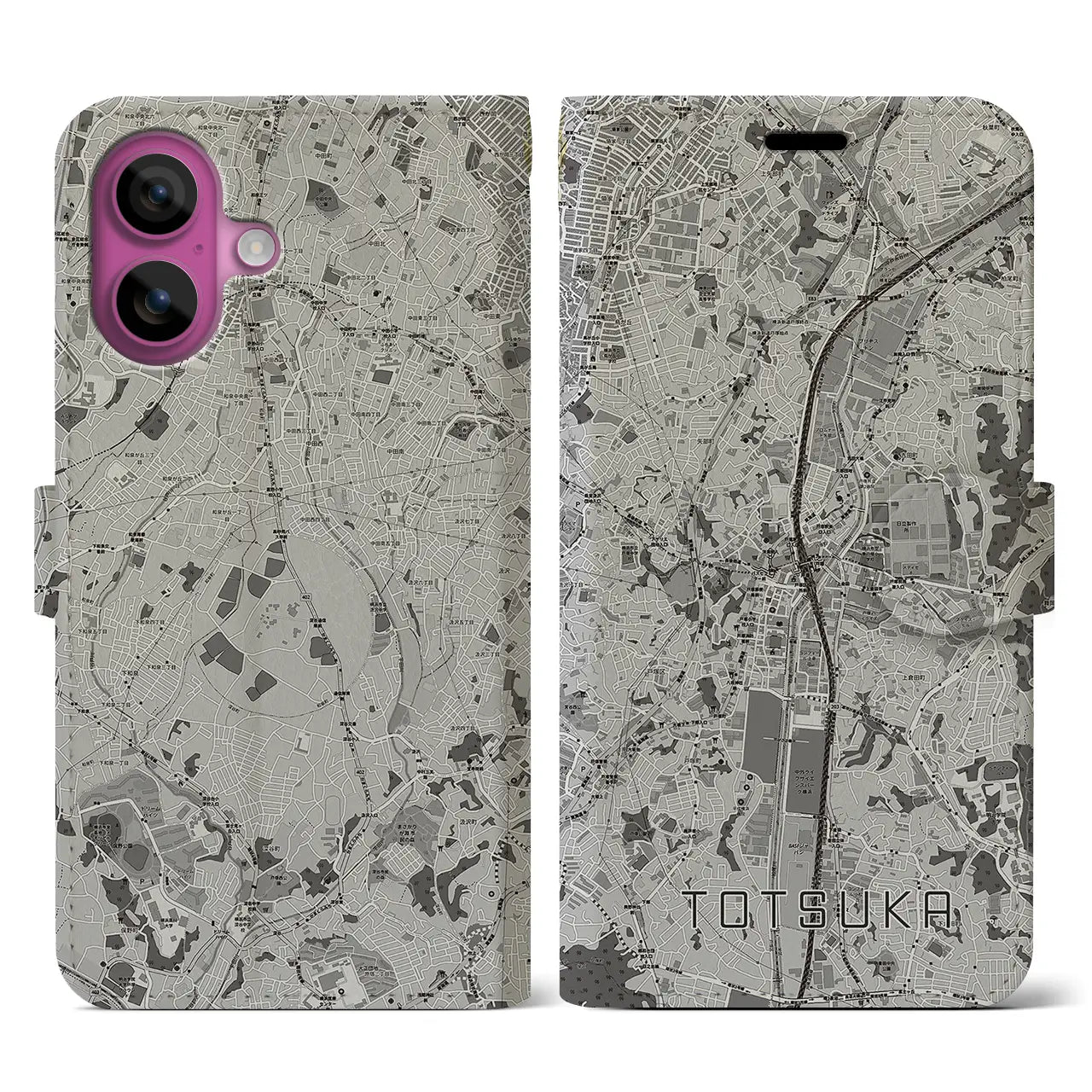 【戸塚(神奈川県)】地図柄iPhoneケース(手帳タイプ)モノトーン・iPhone 16 Pro 用